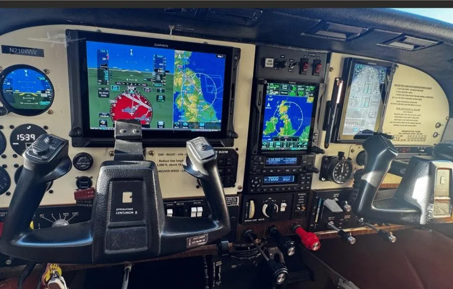 Cockpit and instrument panel of a 1982 CESSNA P210N.
