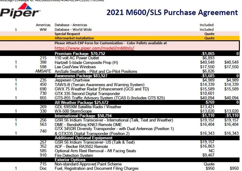 Specification or layout diagram for a 2021 PIPER M600 SLS.