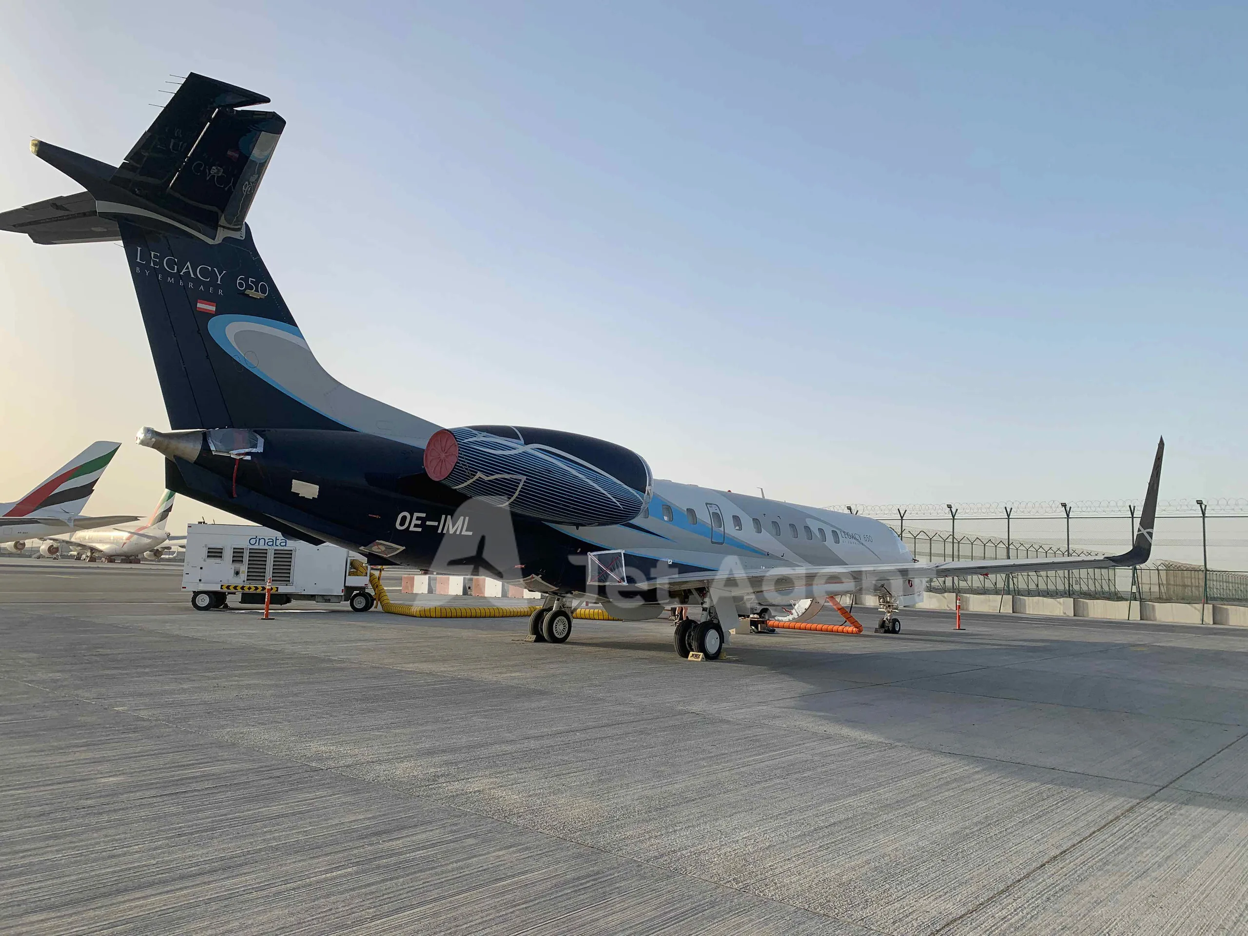 Exterior view of a 2011 Embraer legacy 650, OE-IML.