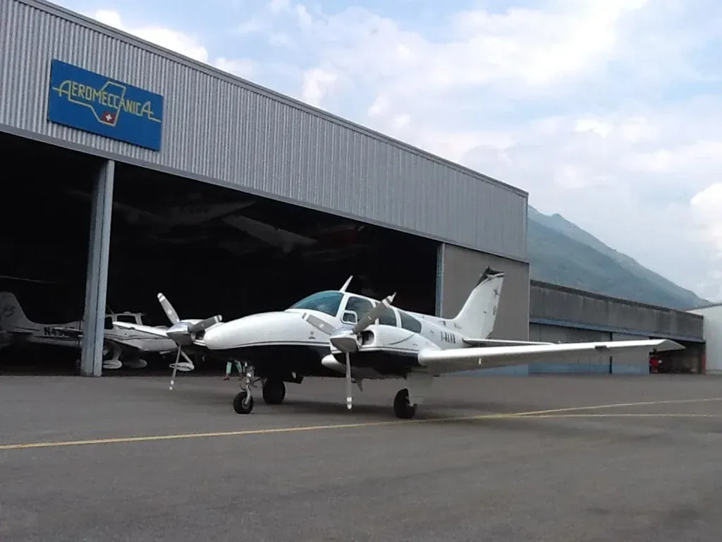 Exterior view of a 1968 Beechcraft Baron, TC-1218.