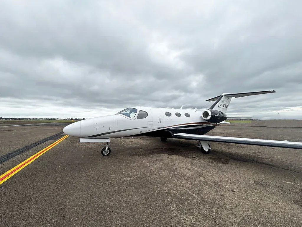 Cabin interior of a 2011 Cessna Citation Mustang.
