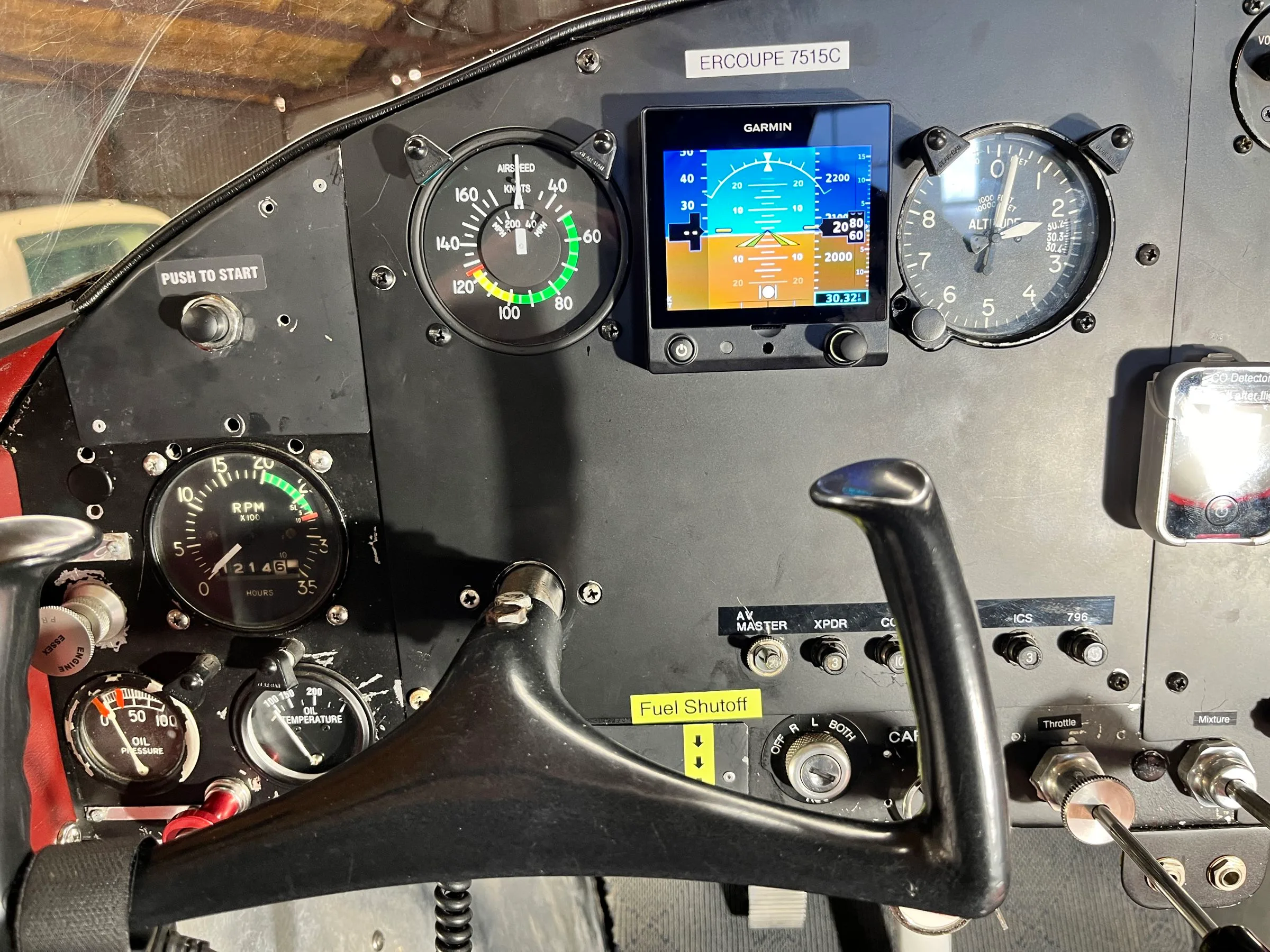 Cockpit and instrument panel of a 1957 Ercoupe Forney F-1.