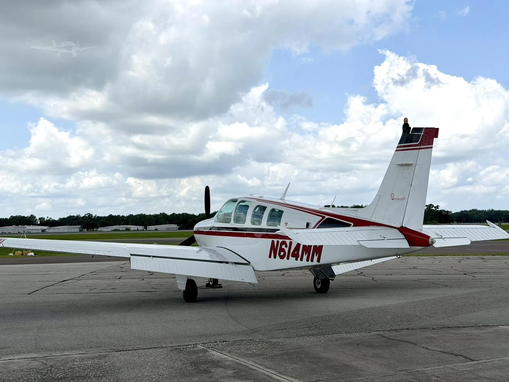 Exterior view of a 1980 BEECHCRAFT A36 BONANZA, N614MM.