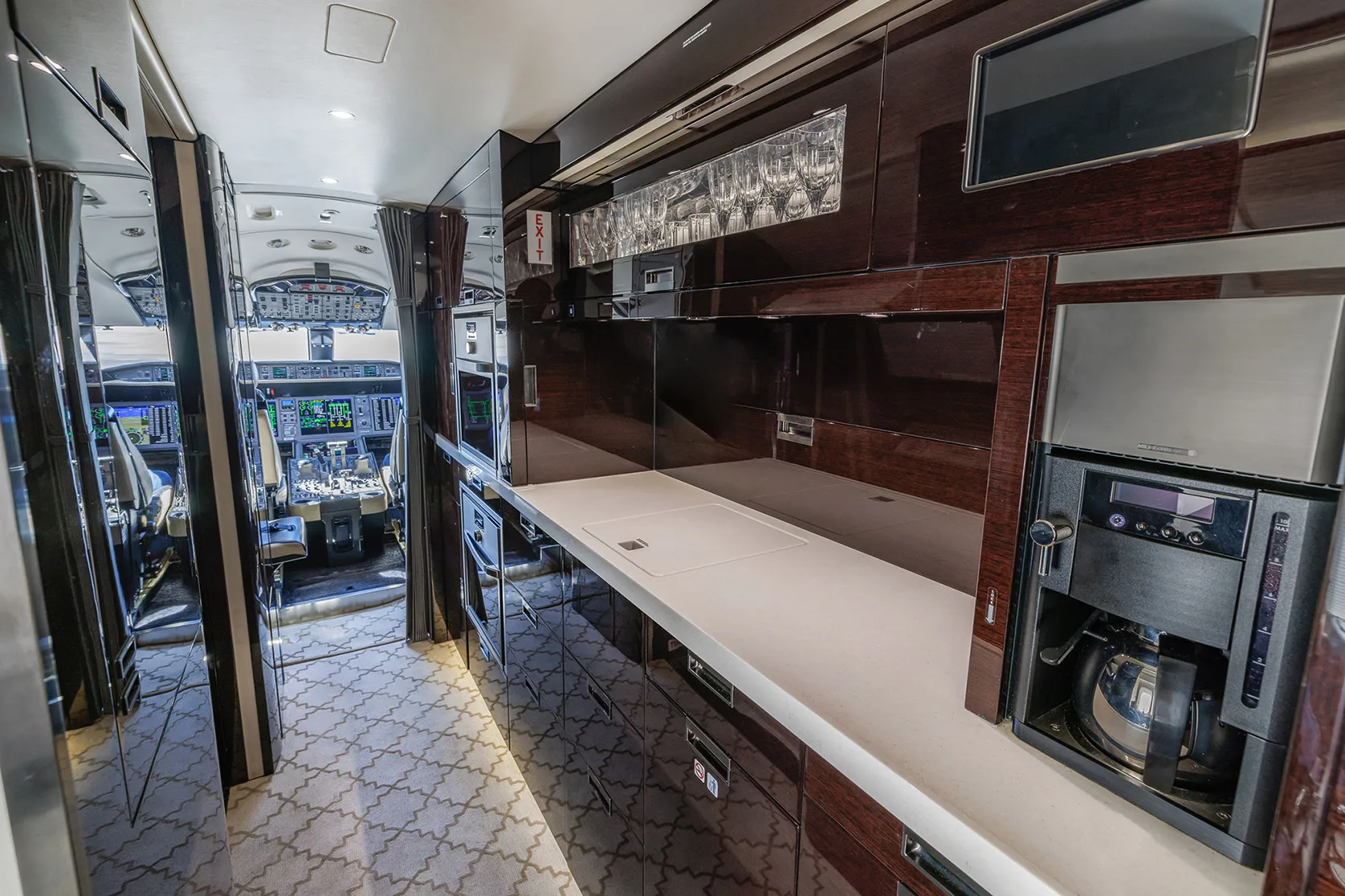 Cabin interior of a 2019 Bombardier global 7500.