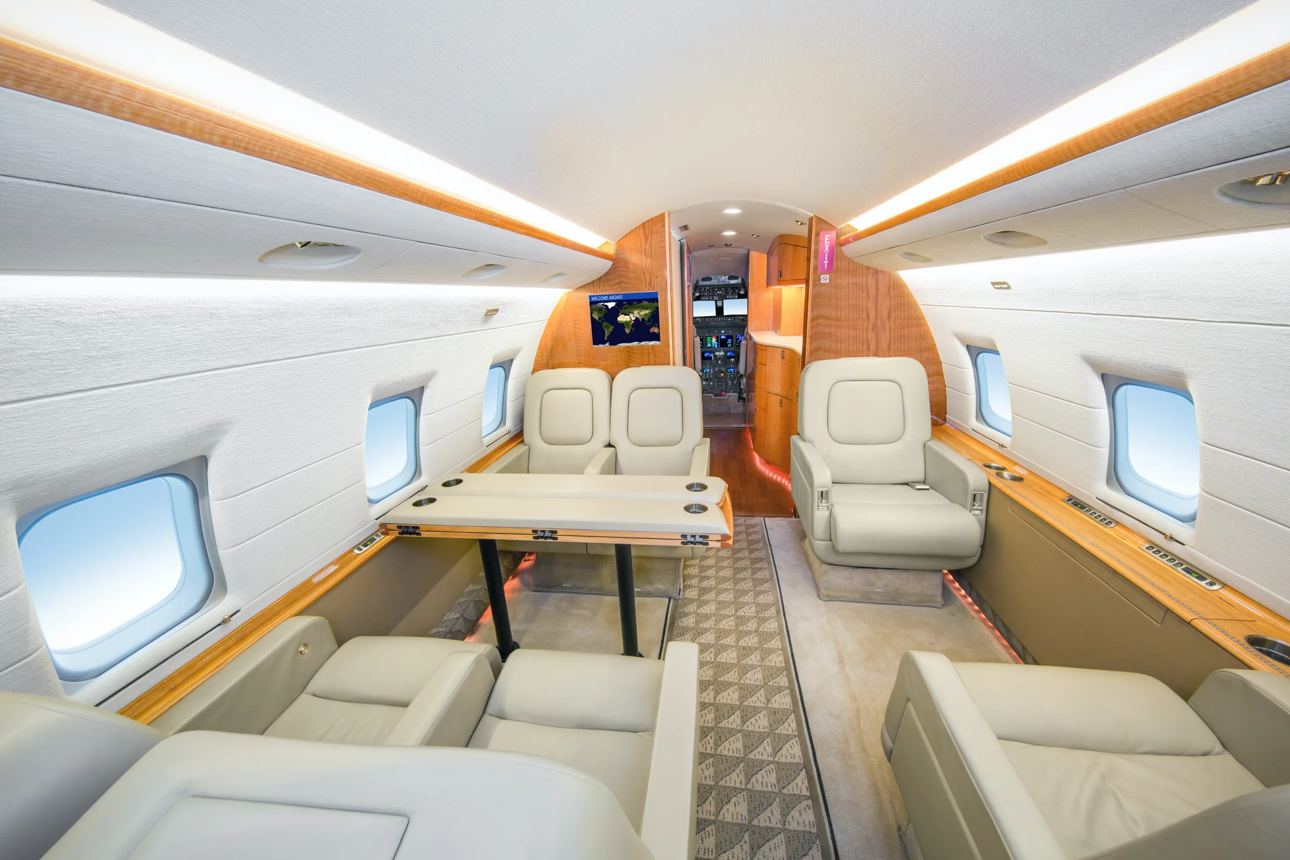 Cabin interior of a 1998 Bombardier Canadair Challenger 604.