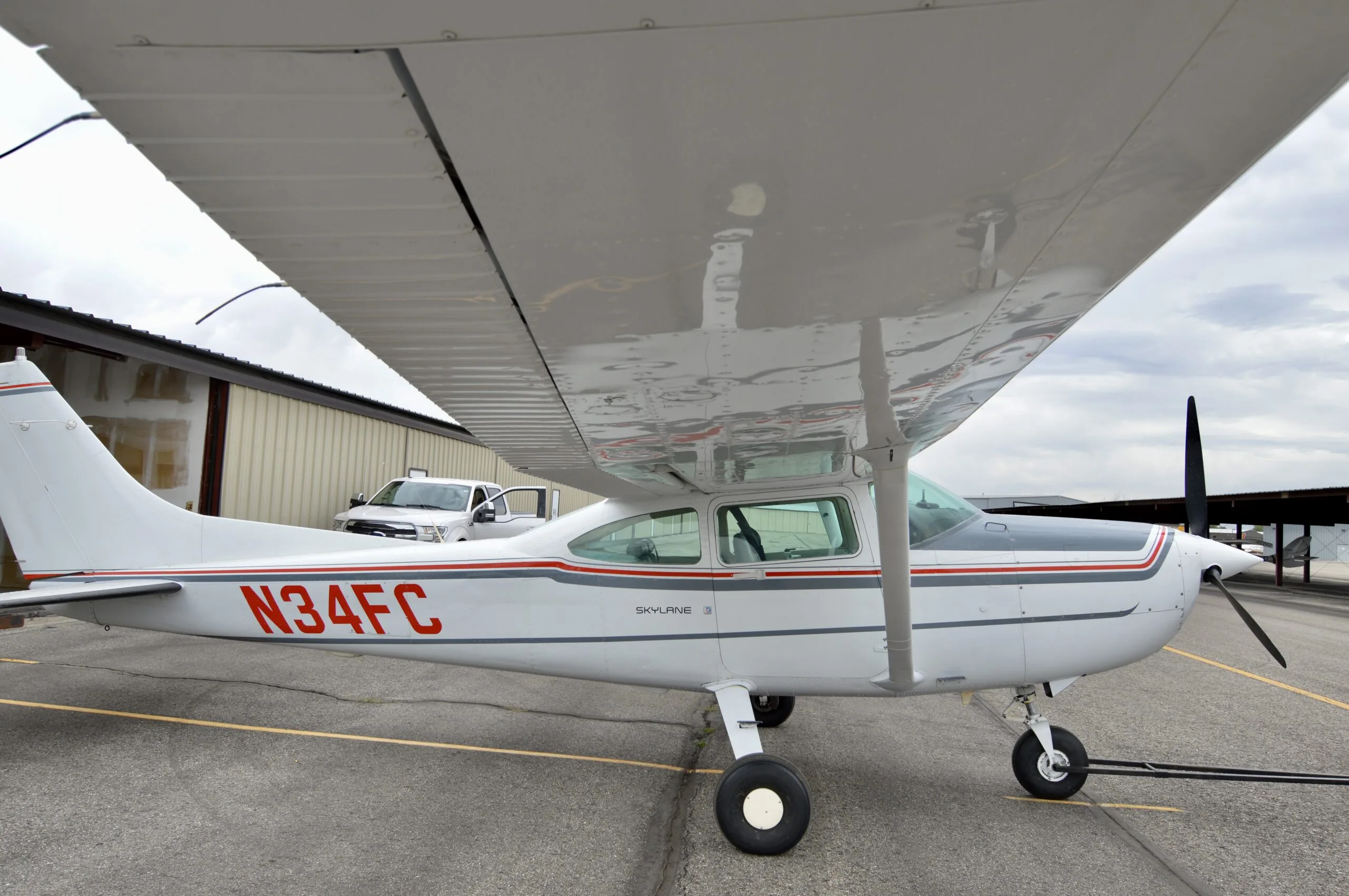 Exterior view of a 1985 Cessna Turbo T182, N34FC.