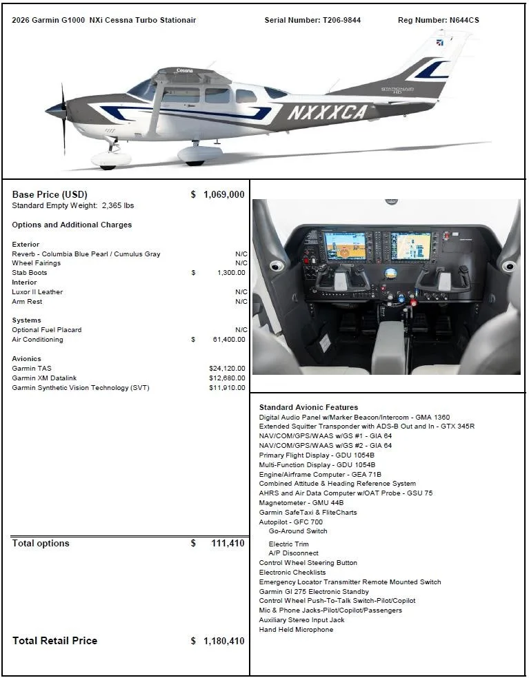Specification or layout diagram for a 2026 CESSNA TURBO 206H STATIONAIR HD.