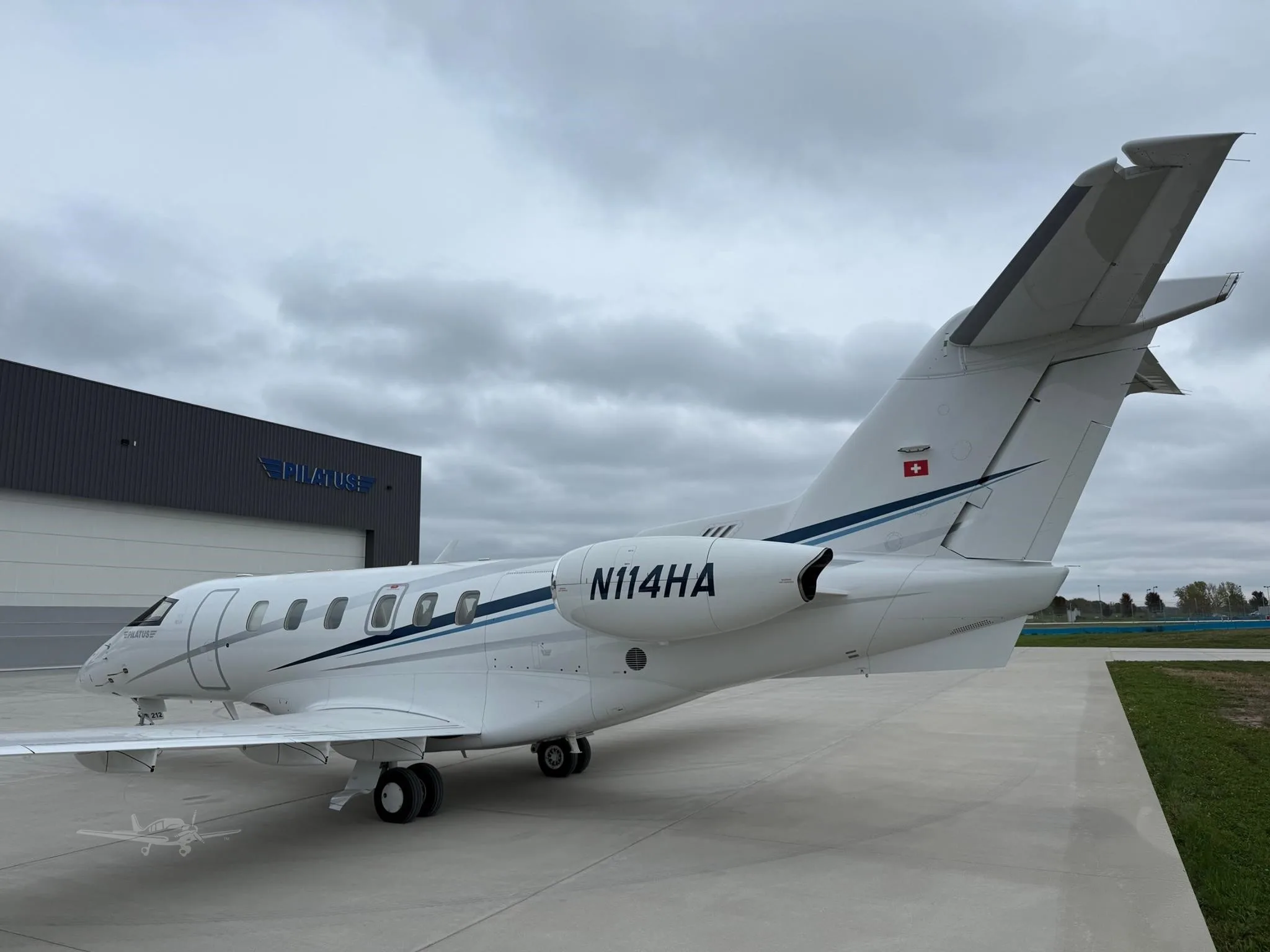Exterior view of a 2021 PILATUS PC-24, N112HA.