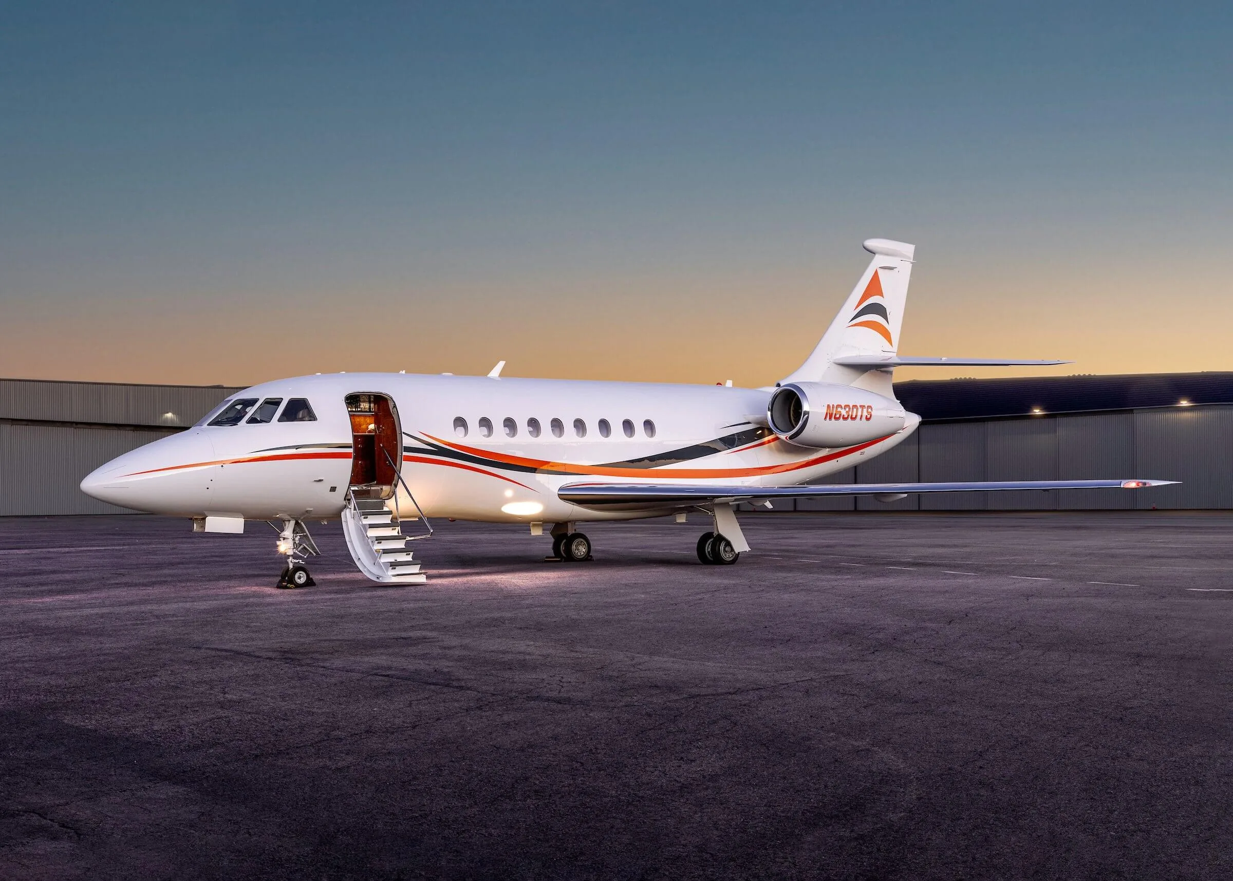 Exterior view of a 1999 Dassault Falcon 2000 SN71 N630TS | Hopkinson Luxury Aircraft Sales, N630TS.