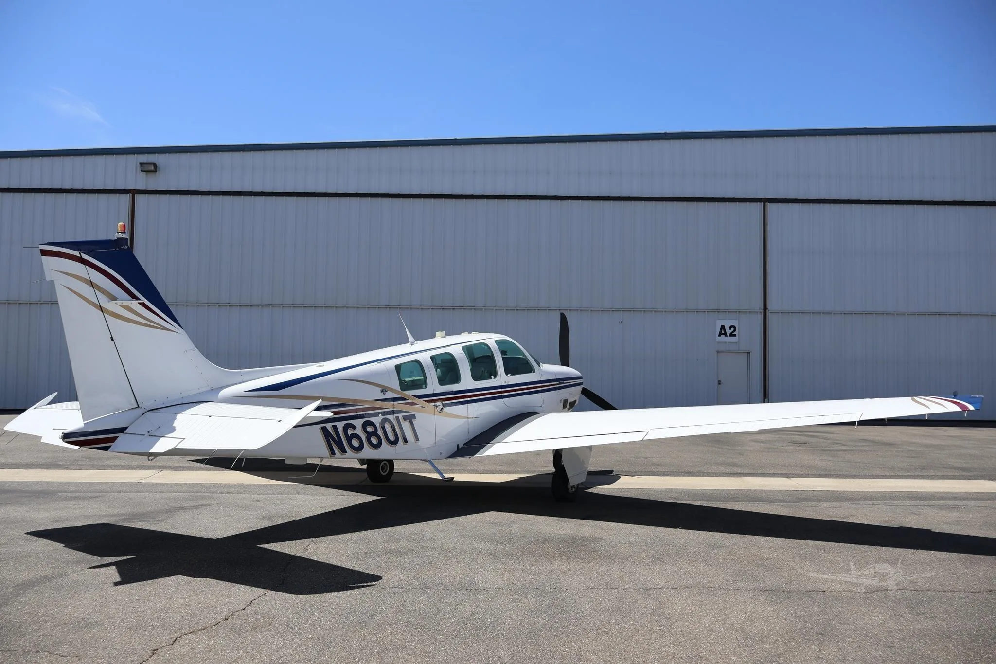 Exterior view of a 1984 BEECHCRAFT B36TC BONANZA, N6801T.
