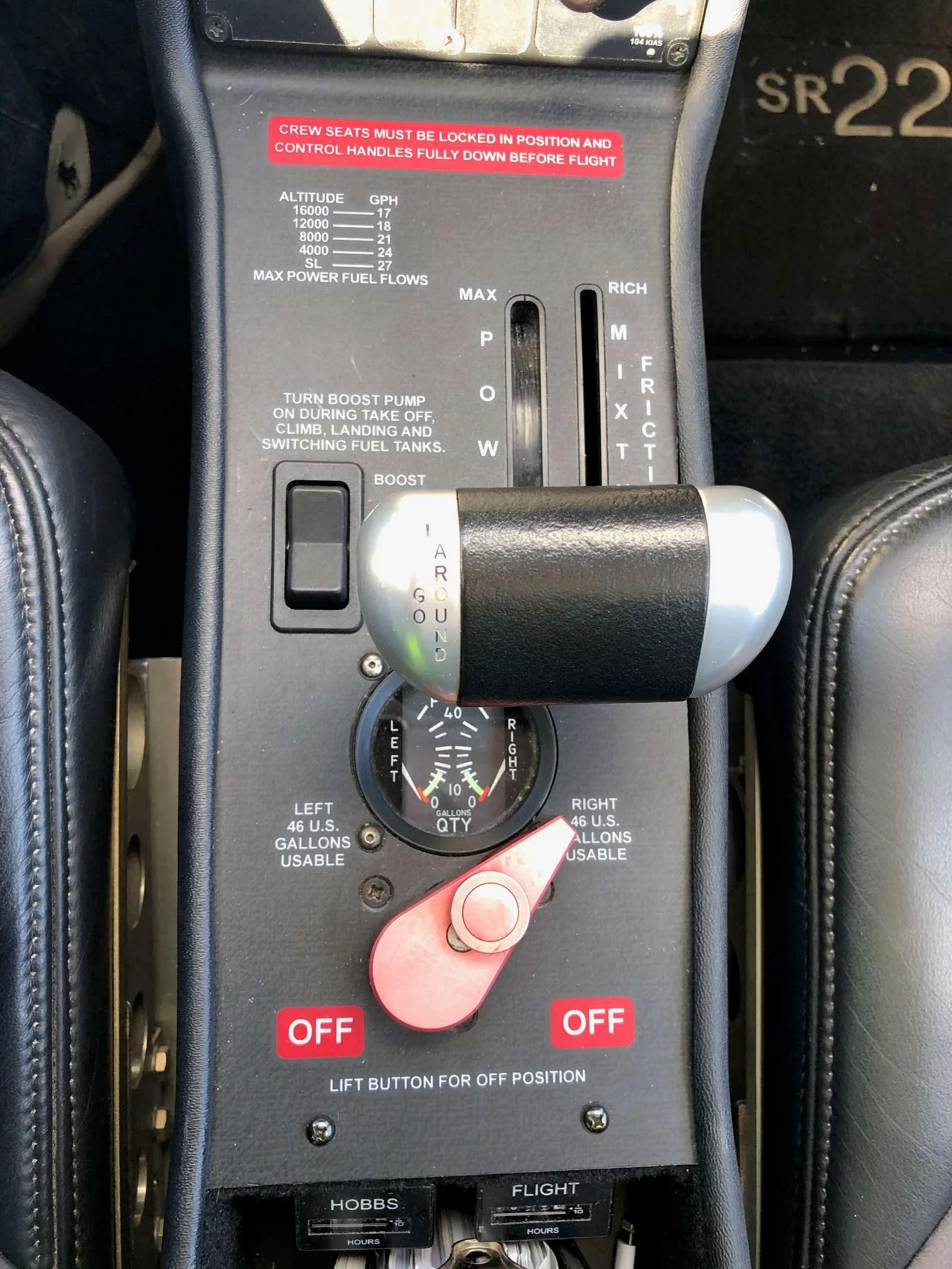Cockpit and instrument panel of a 2008 Cirrus SR22 G3 GTS Garmin Perspective.