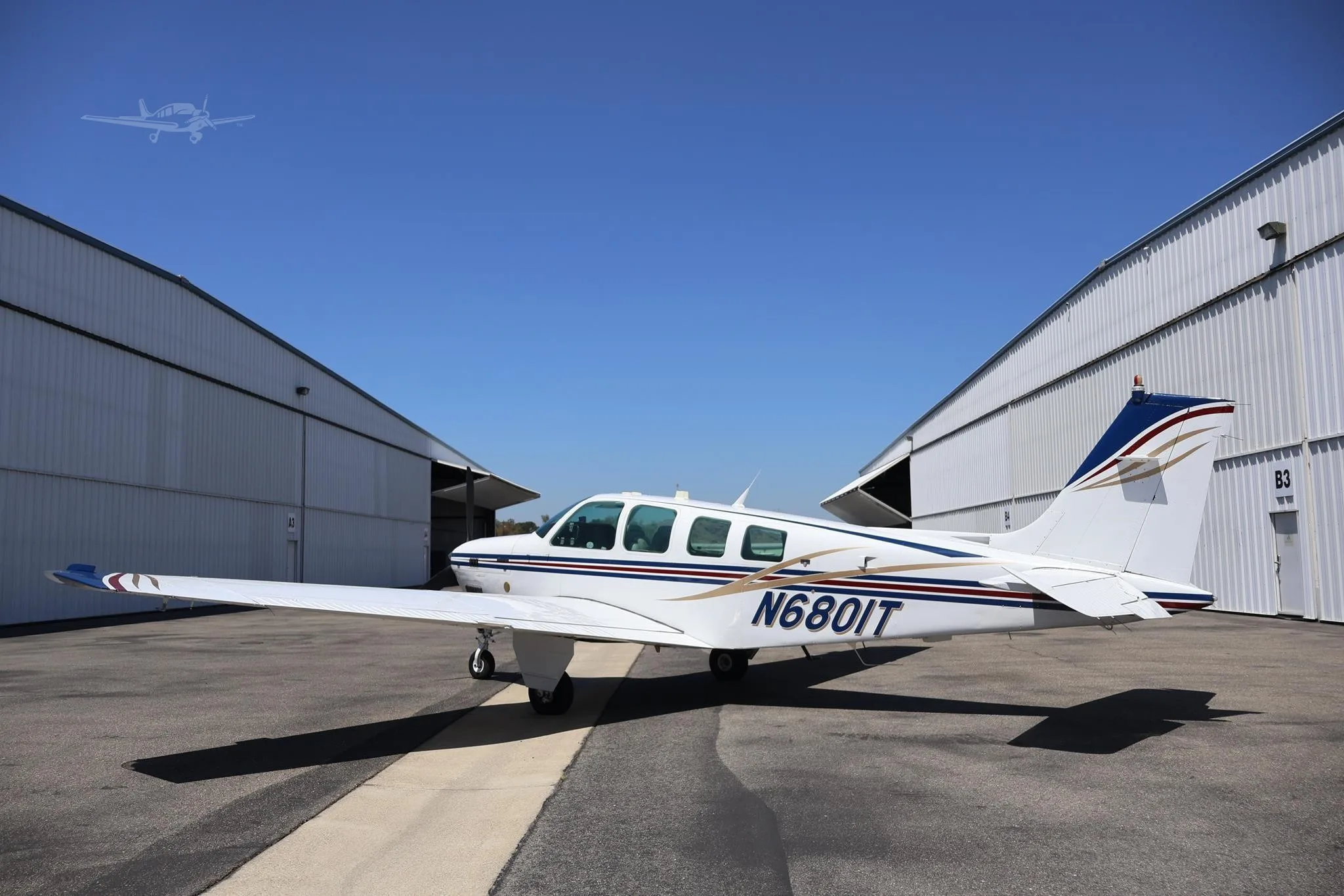 Exterior view of a 1984 BEECHCRAFT B36TC BONANZA, N6801T.
