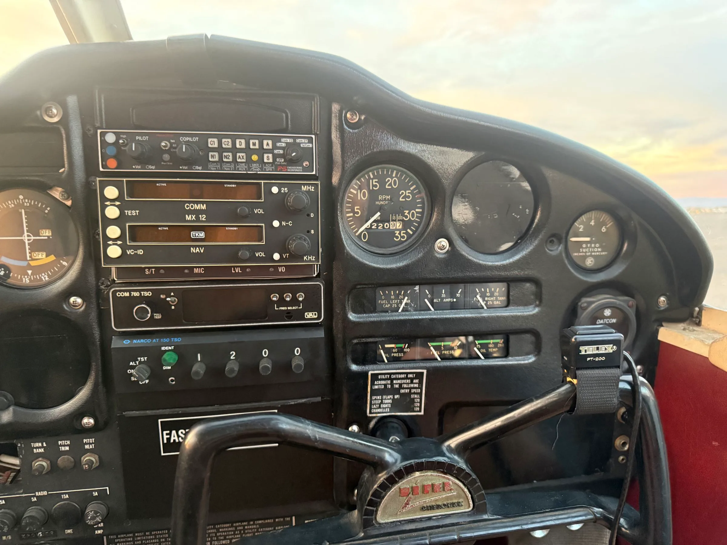 Cockpit and instrument panel of a 1967 Piper PA-28-180 Cherokee.