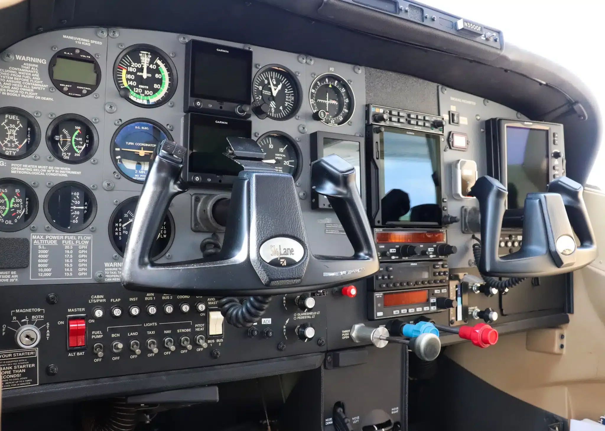 Cockpit and instrument panel of a 2001 Cessna 182T Skylane.