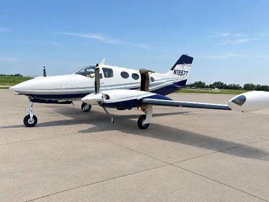Exterior view of a 1970 Cessna 414, N1557T.