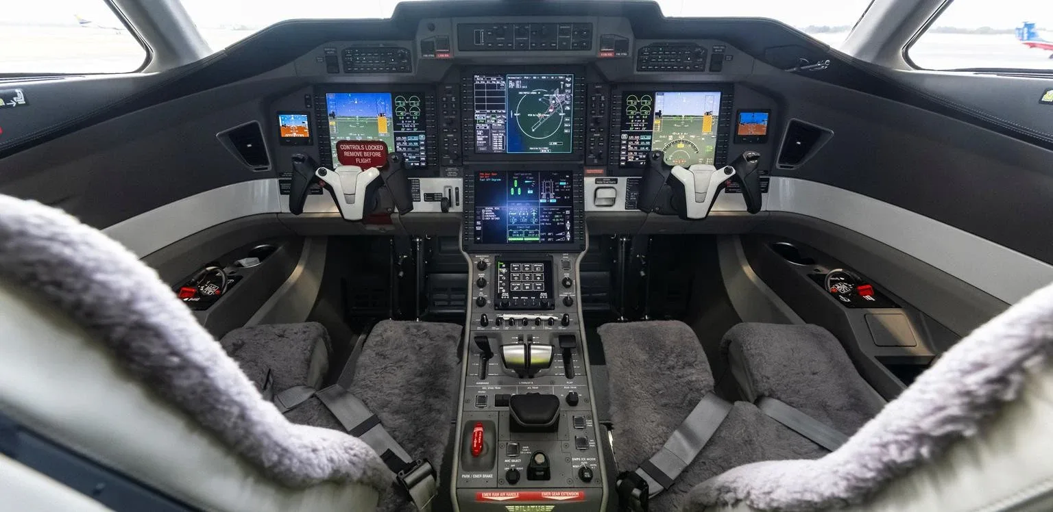 Cockpit and instrument panel of a 2024 Pilatus.