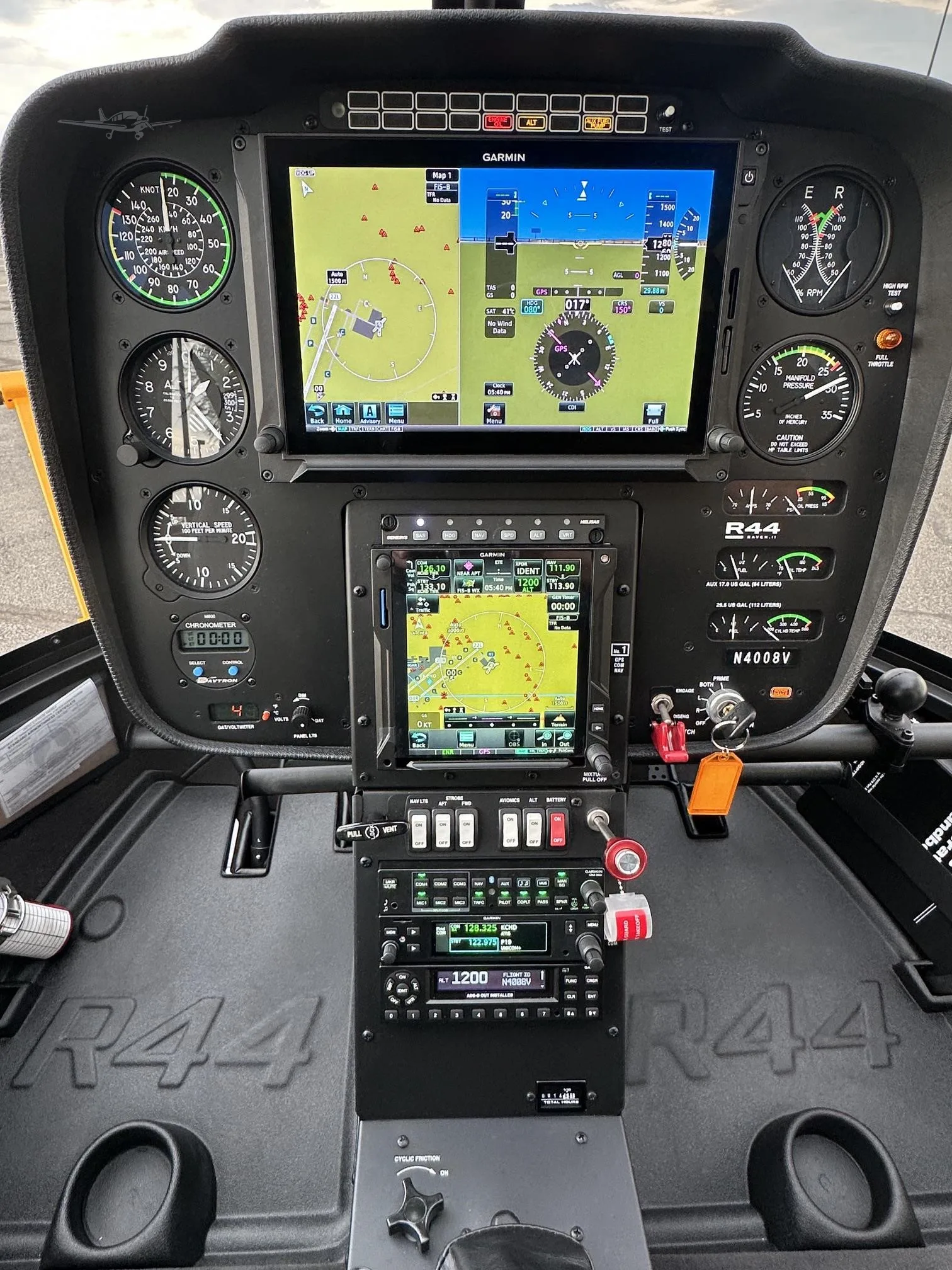 Cockpit and instrument panel of a 2026 ROBINSON R44 RAVEN II.