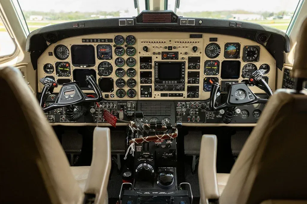 Cockpit and instrument panel of a 2003 Beechcraft King Air.