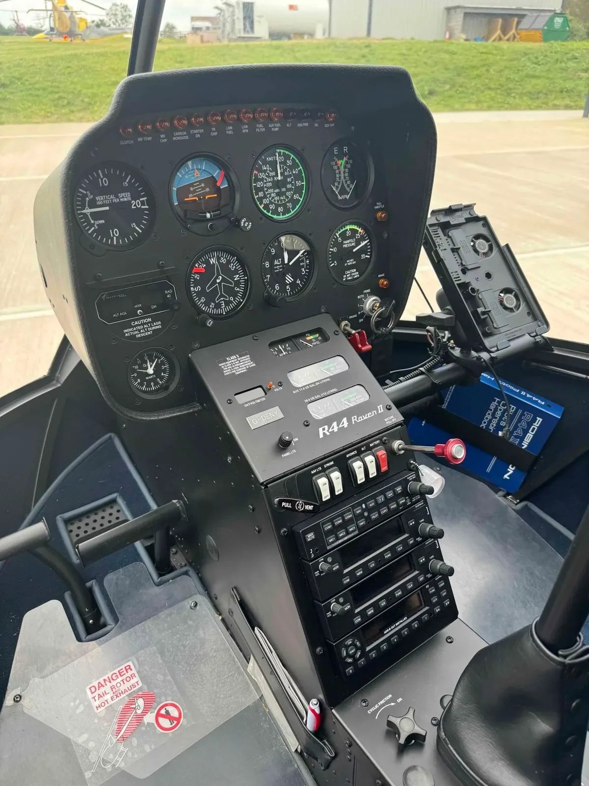 Cockpit and instrument panel of a 2017 Robinson R44 Raven II.
