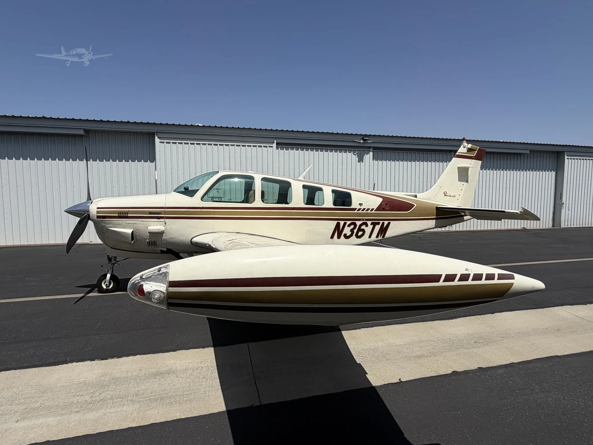 Exterior view of a 1979 BEECHCRAFT A36TC BONANZA, N36TM.