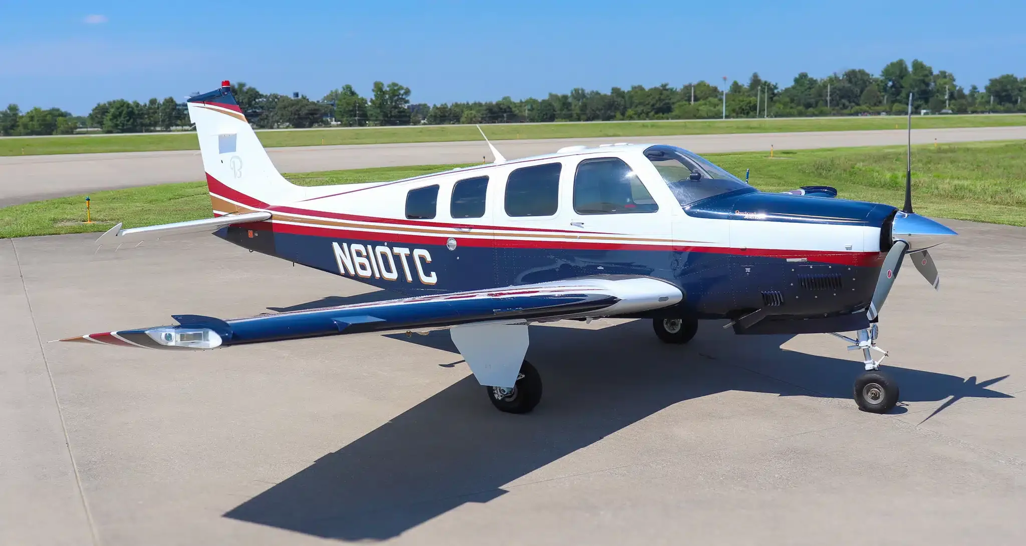 Exterior view of a 1980 Beechcraft Bonanza A36TC, N3807X.