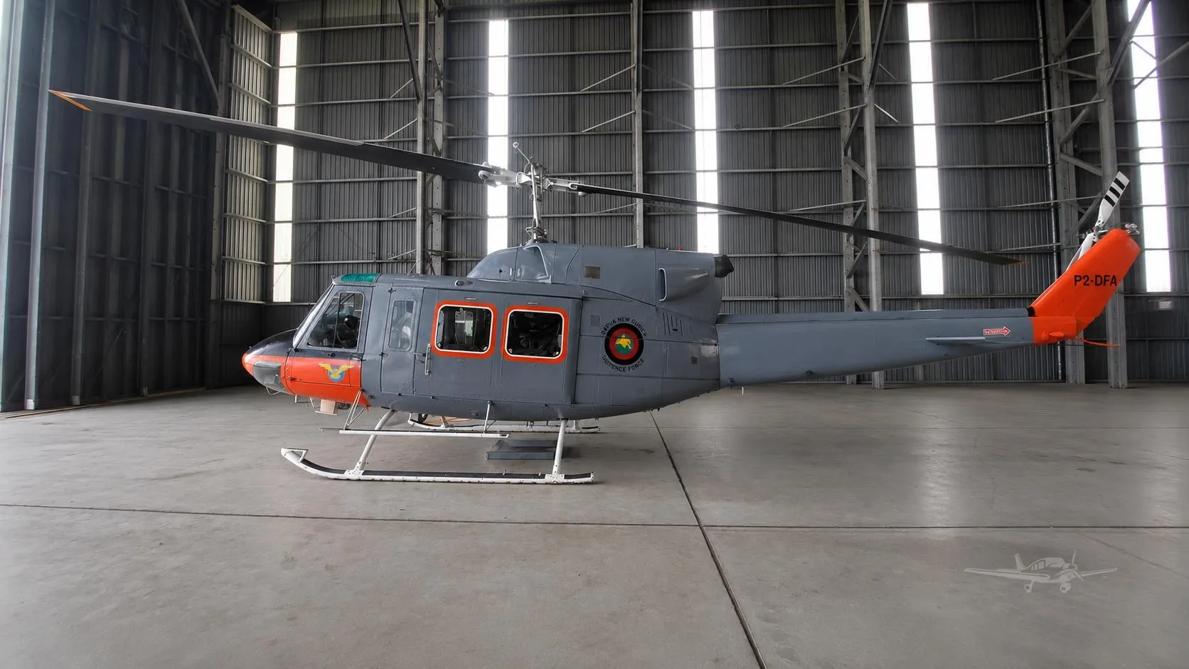 Exterior view of a 1970 BELL 212, P2-DFA.