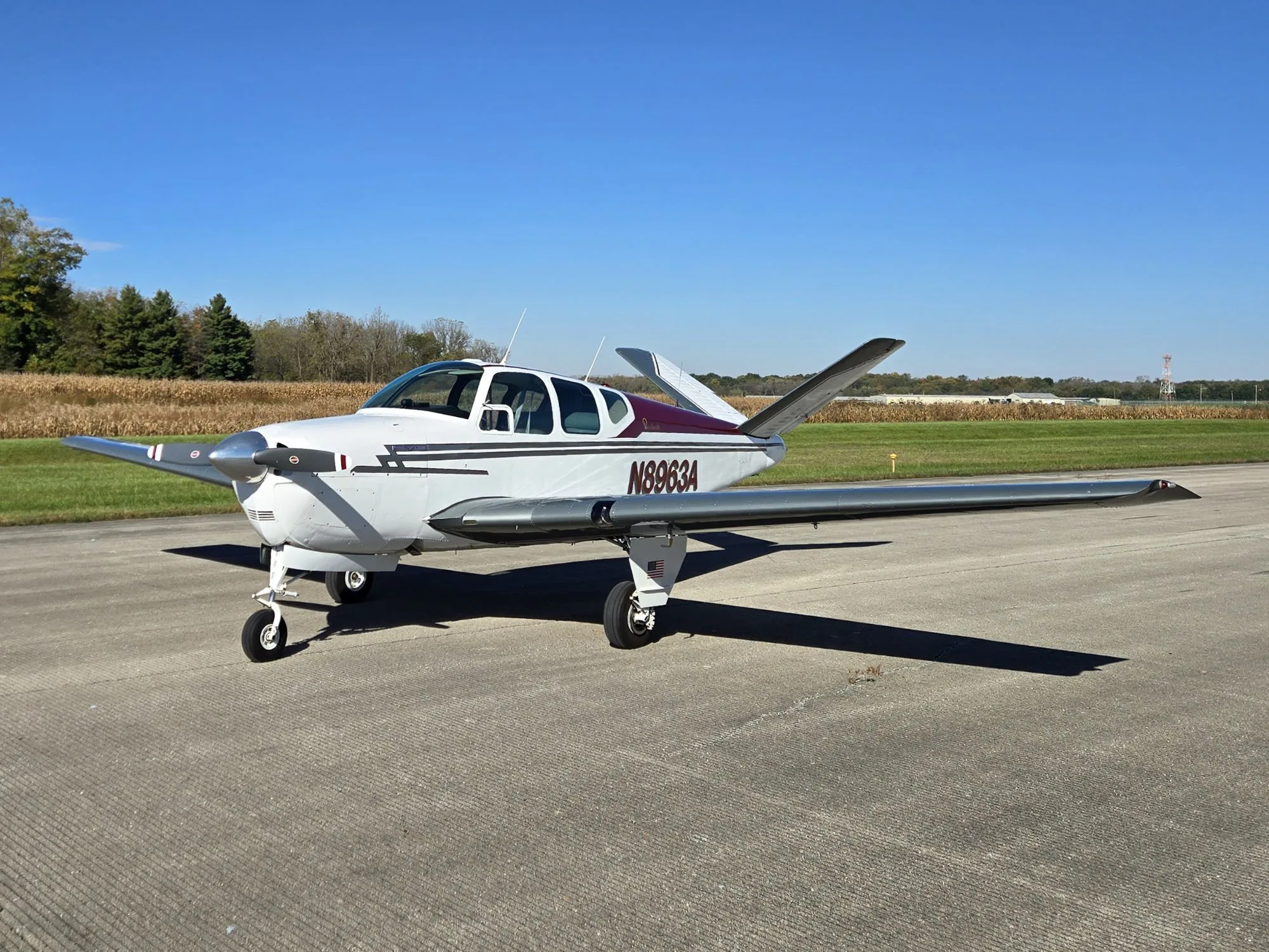 Exterior view of a Beechcraft Bonanza, N8963A.