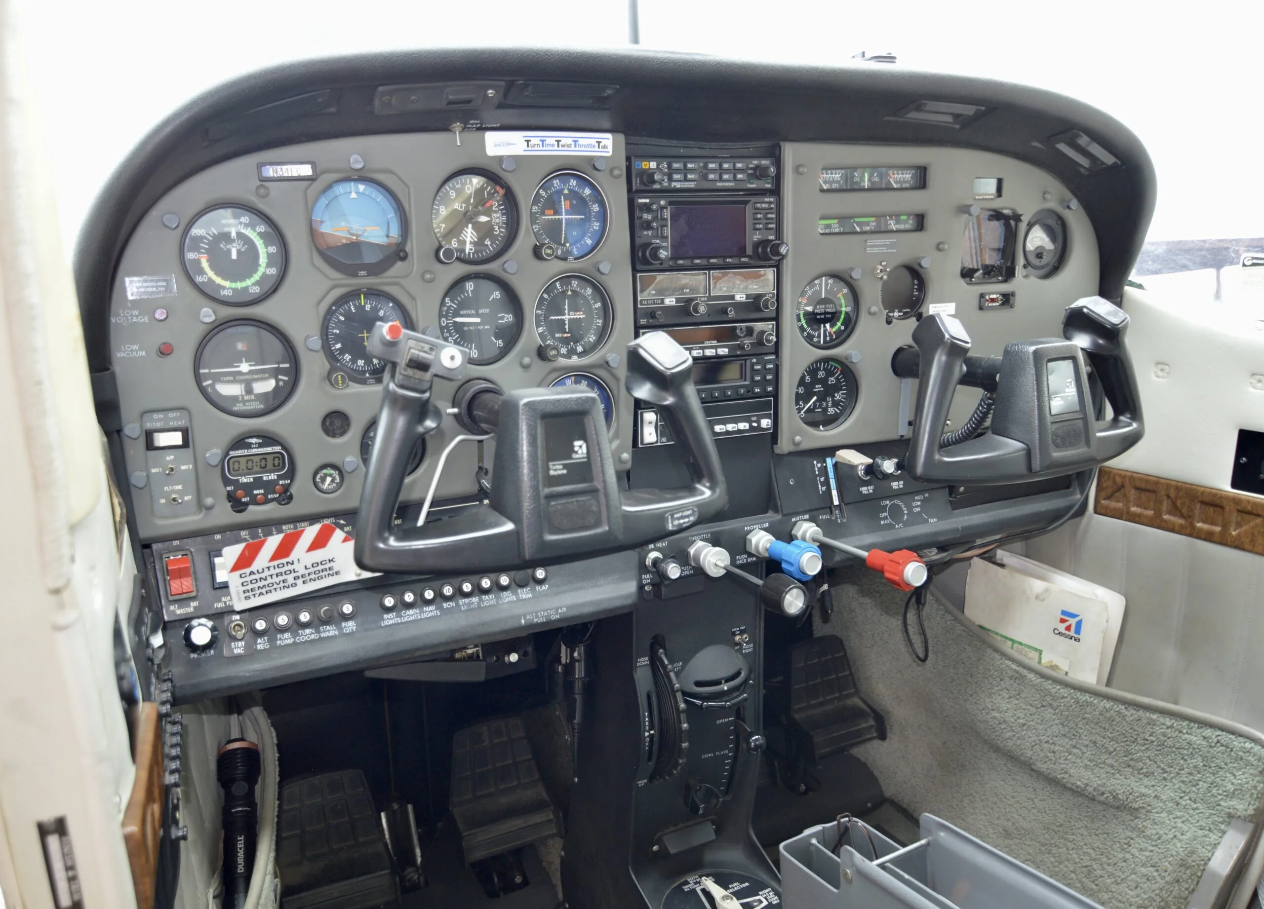 Cockpit and instrument panel of a 1985 Cessna Turbo T182.