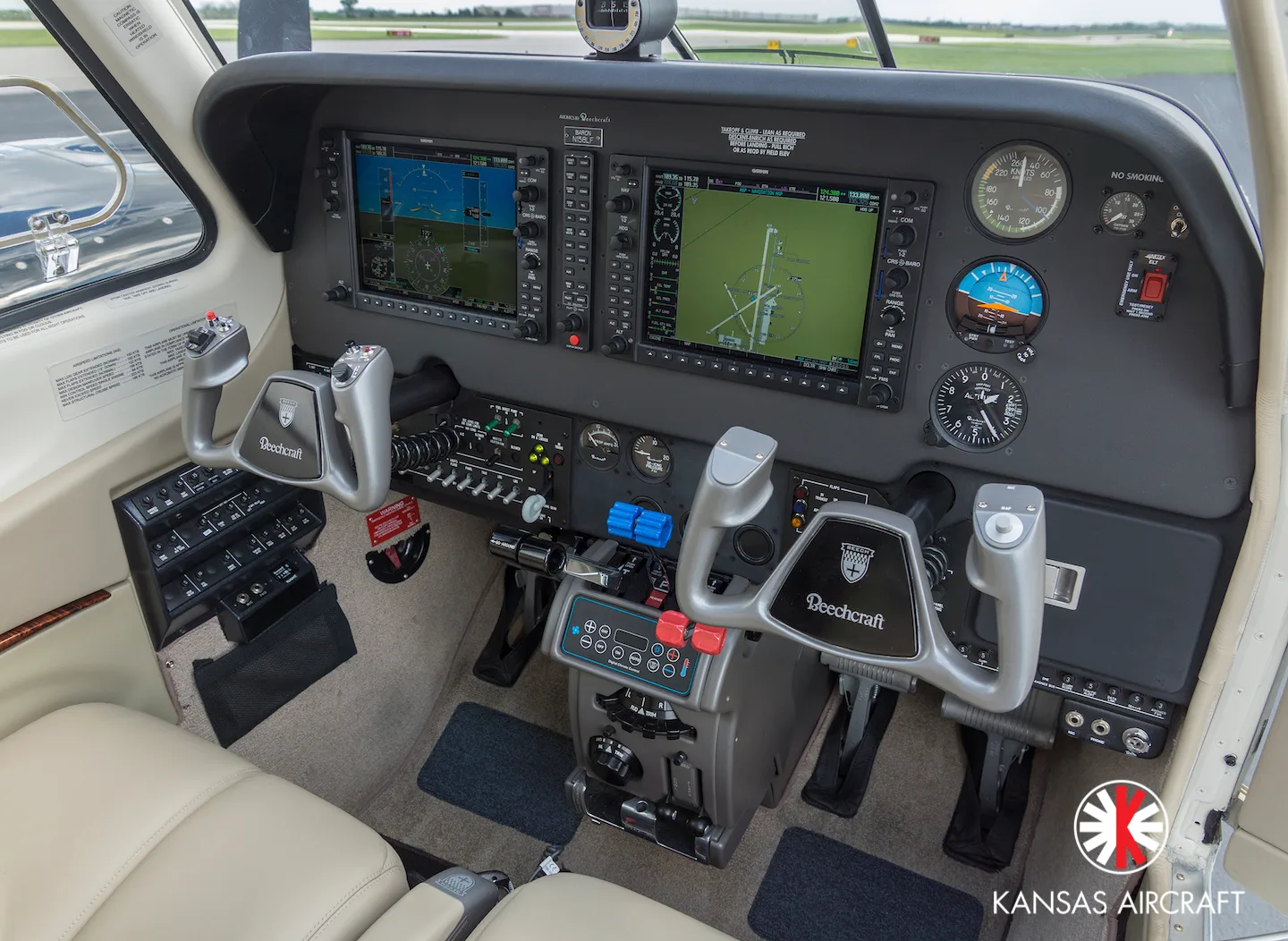 Cockpit and instrument panel of a 2014 Beechcraft G58 Baron.