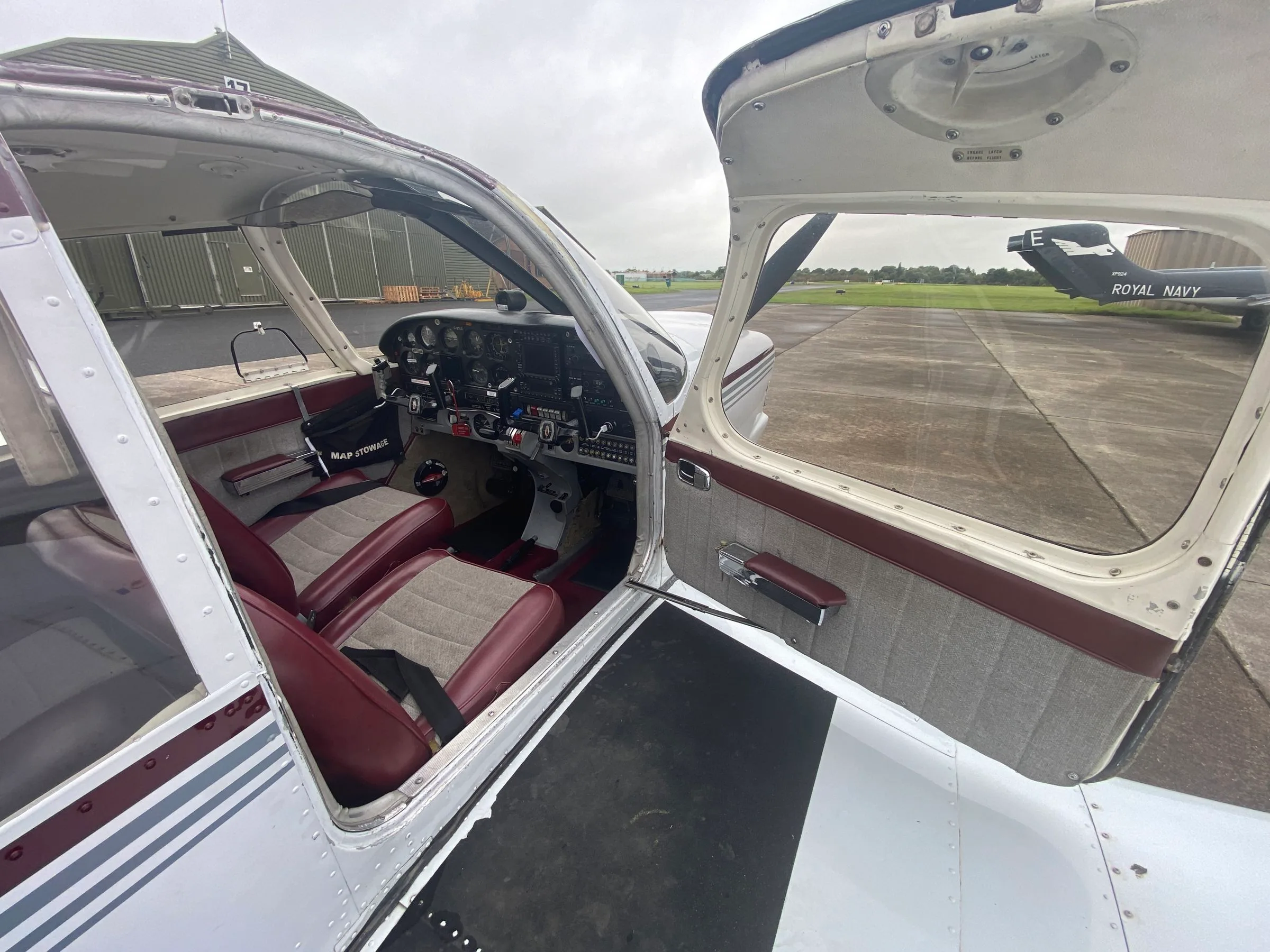 Cockpit and instrument panel of a 1970 Piper PA-28R-200 Arrow II.
