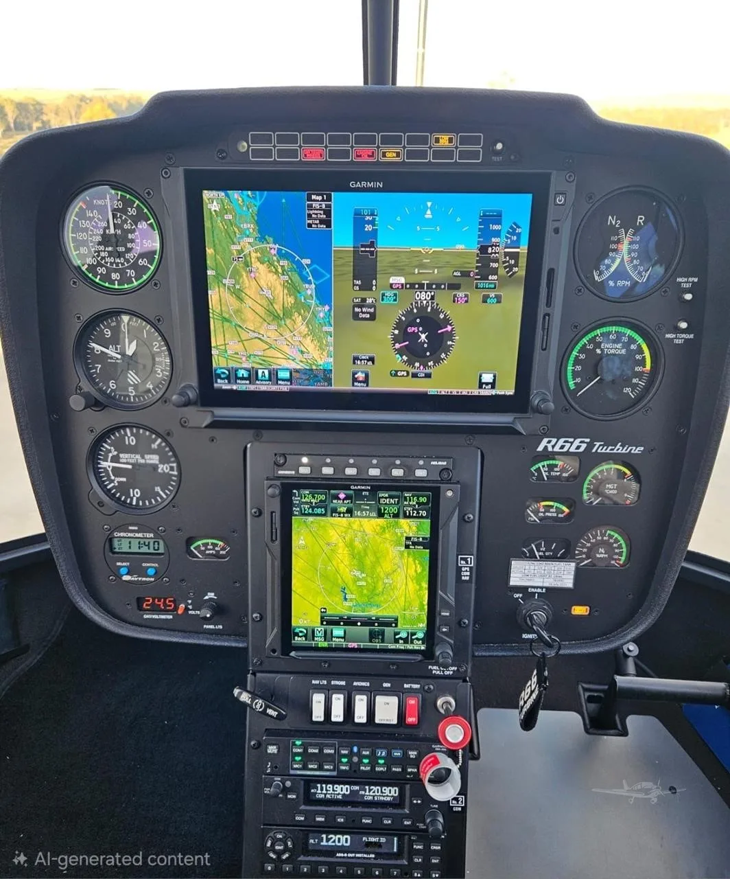 Cockpit and instrument panel of a 2021 ROBINSON R66.