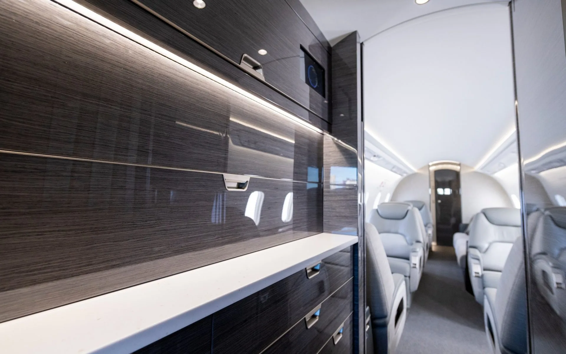 Cabin interior of a 2022 Bombardier challenger 350.