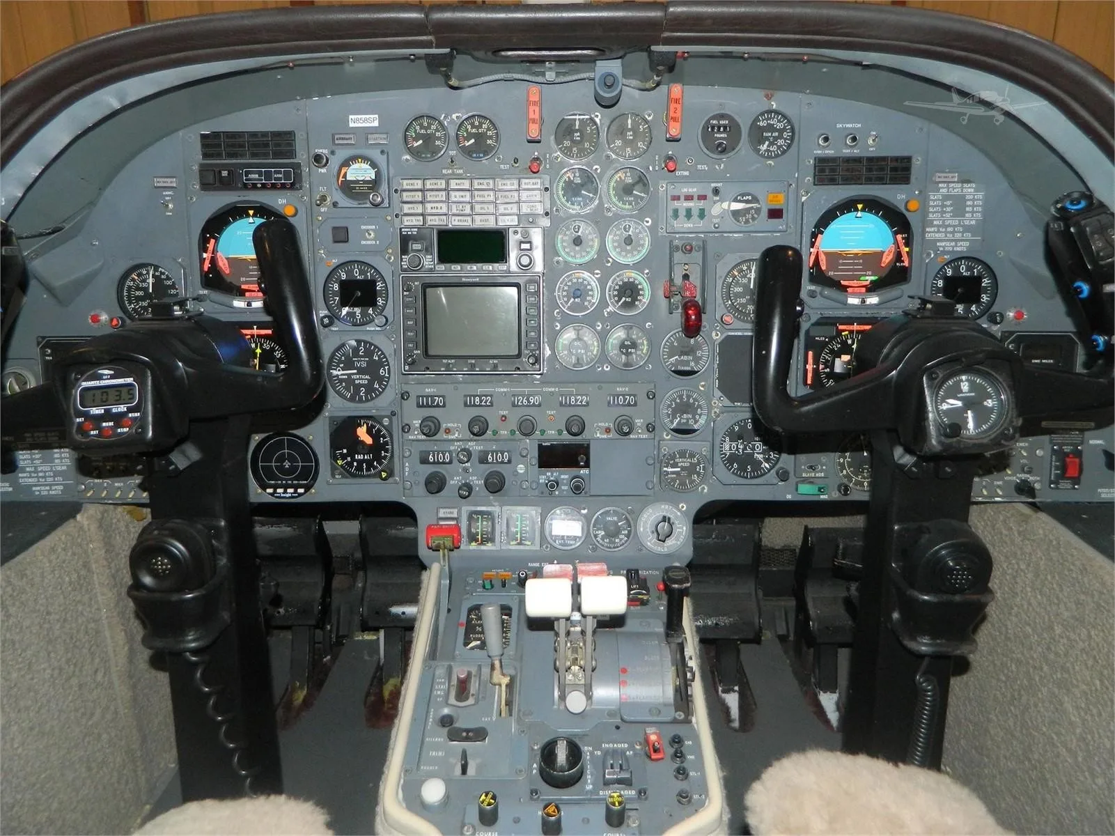 Cockpit and instrument panel of a 1974 DASSAULT FALCON 10.