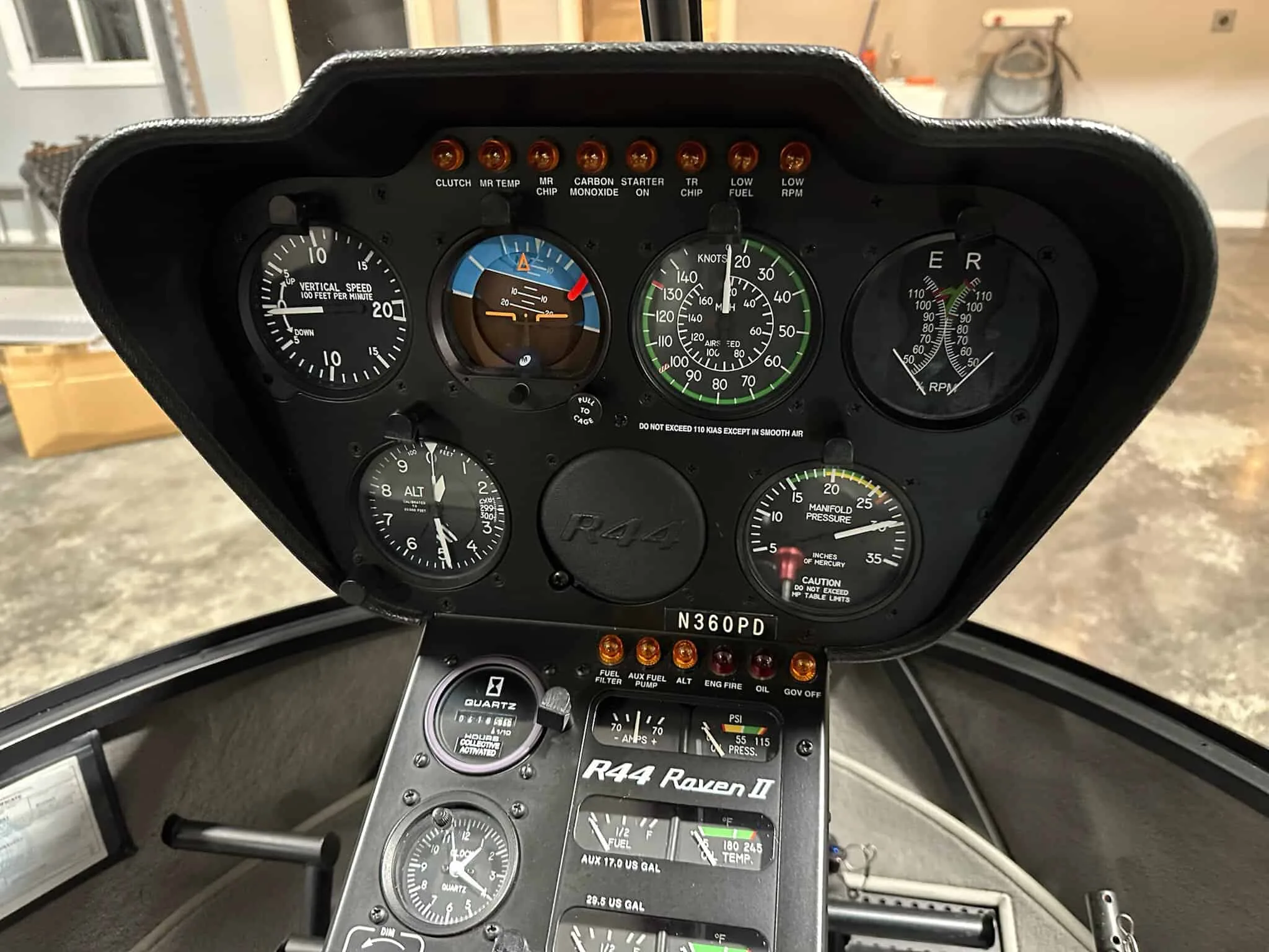 Cockpit and instrument panel of a 2010 Robinson R44 II.