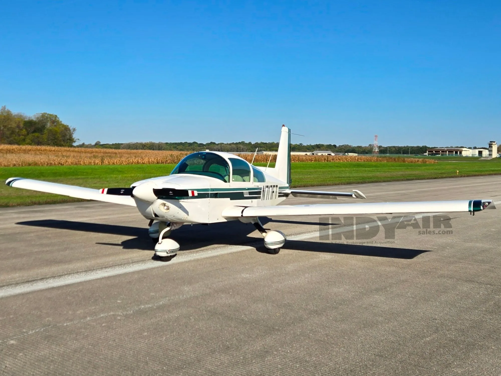 Exterior view of a Grumman AA5A, N717FT.