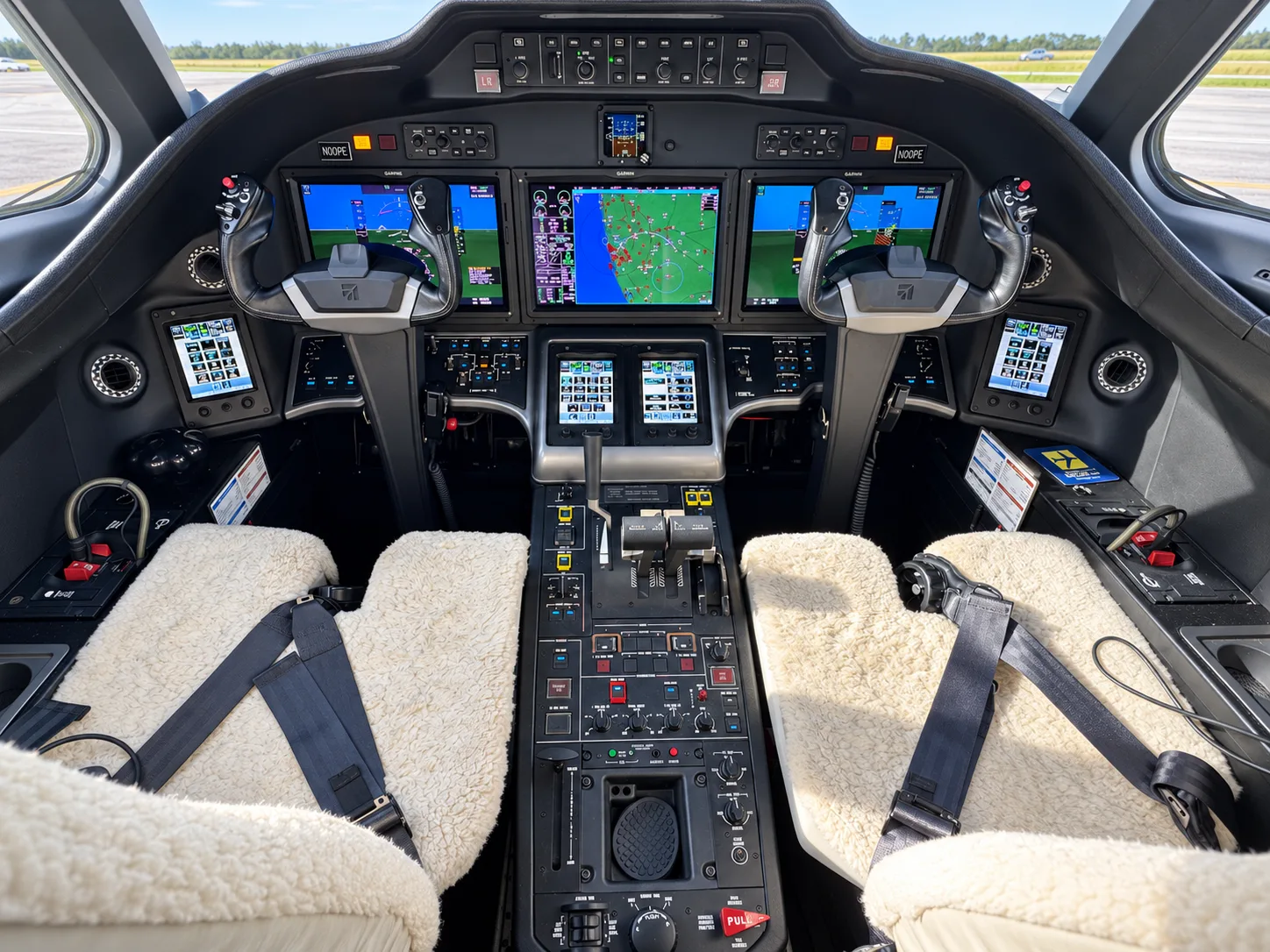 Cockpit and instrument panel of a 2018 Cessna Citation Sovereign+.