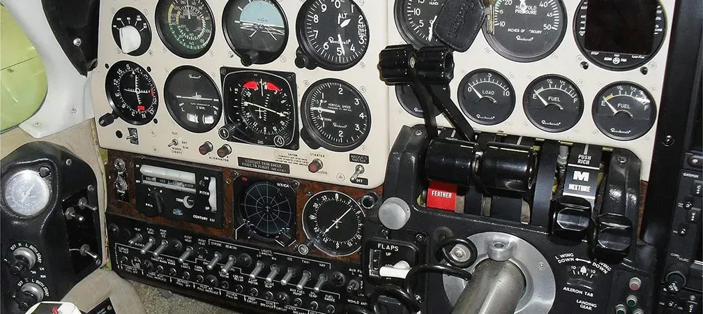 Cockpit and instrument panel of a 1980 Beechcraft B55 BARON.