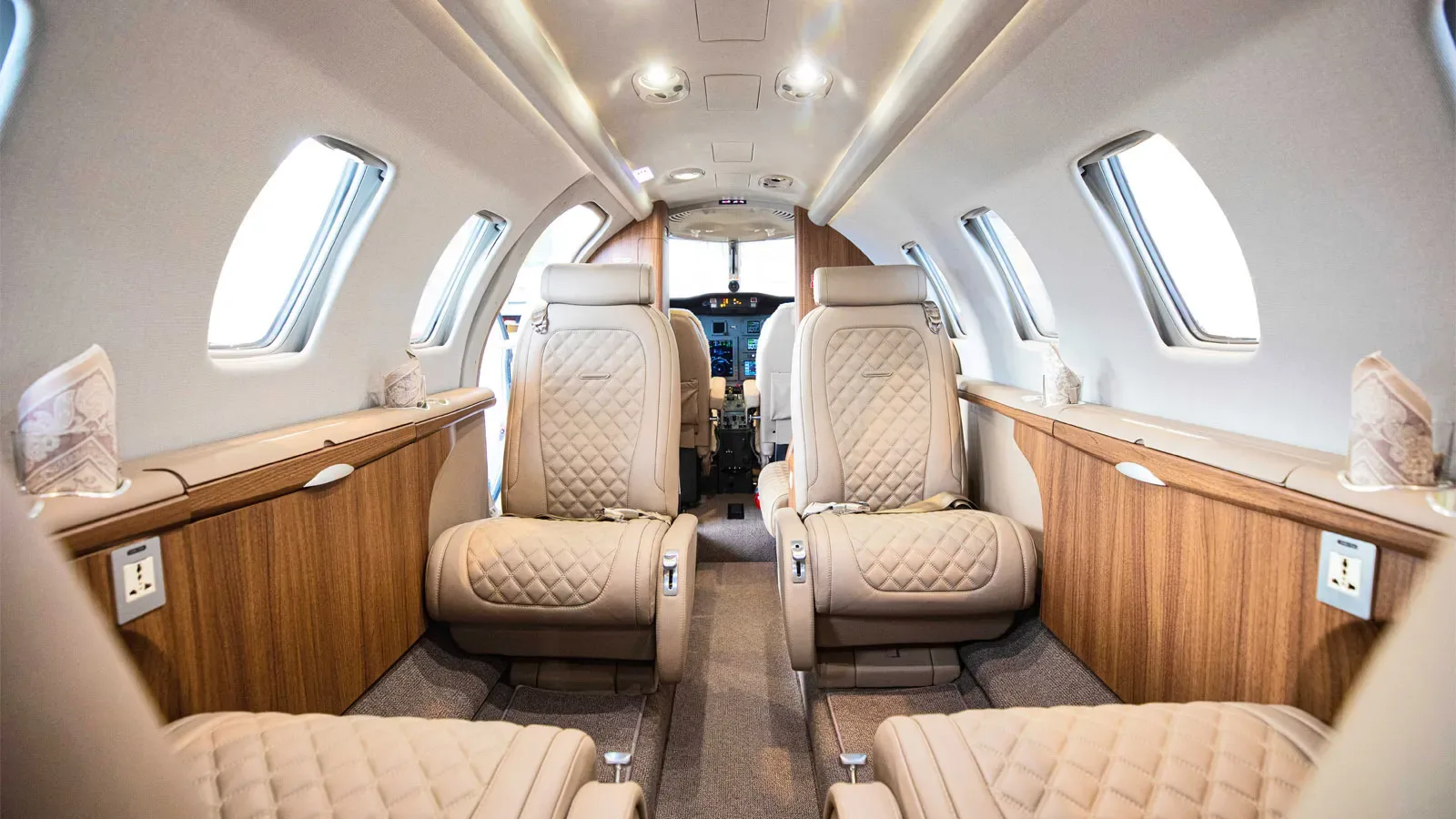 Cabin interior of a 2006 Cessna Citation Jet 1+.