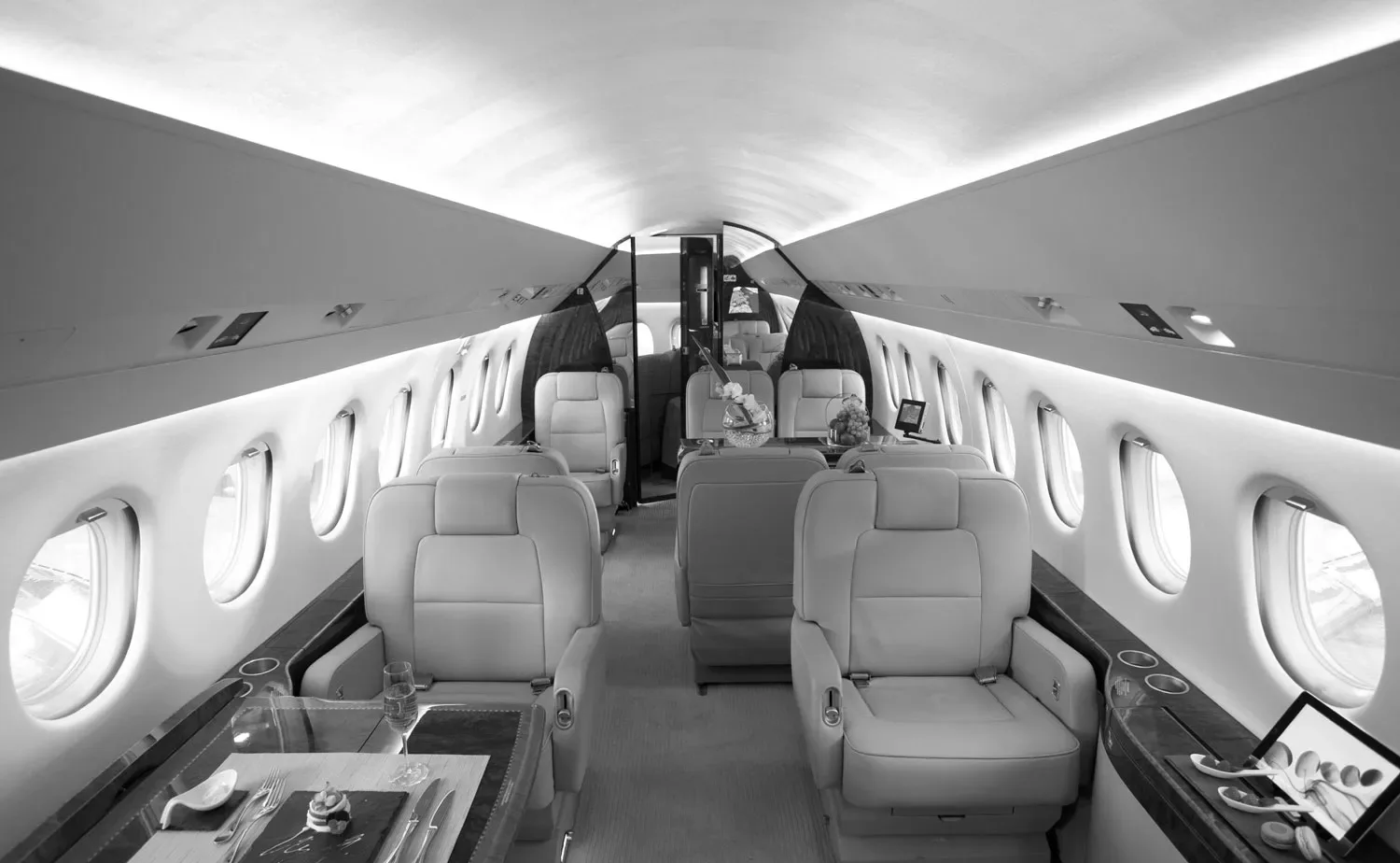 Cabin interior of a 2000 Dassault Falcon 2000.