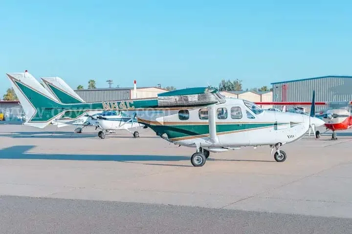 Exterior view of a 1973 Cessna T337G, N84C.