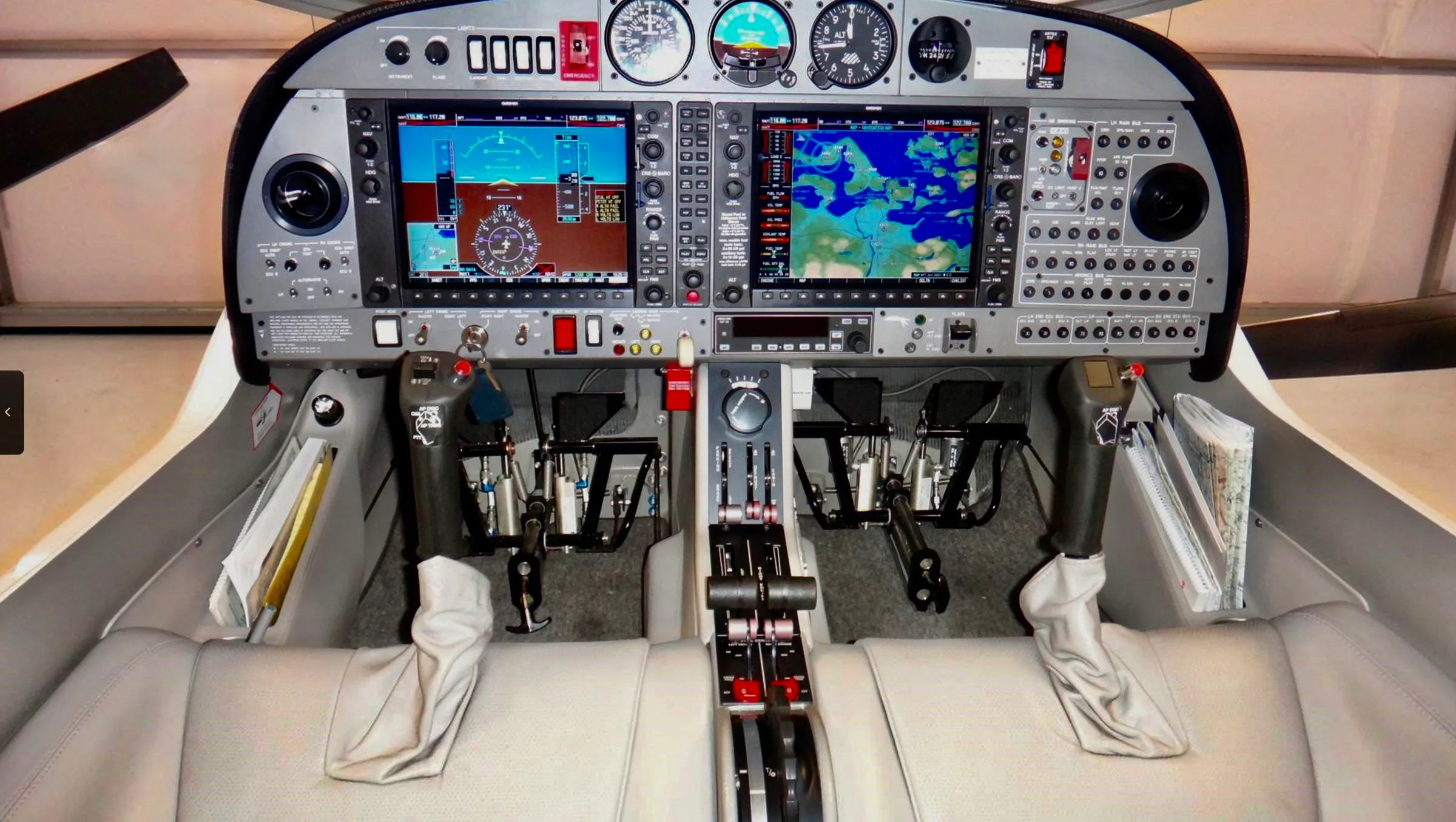 Cockpit and instrument panel of a 2007 Diamond DA42 Twin Star.