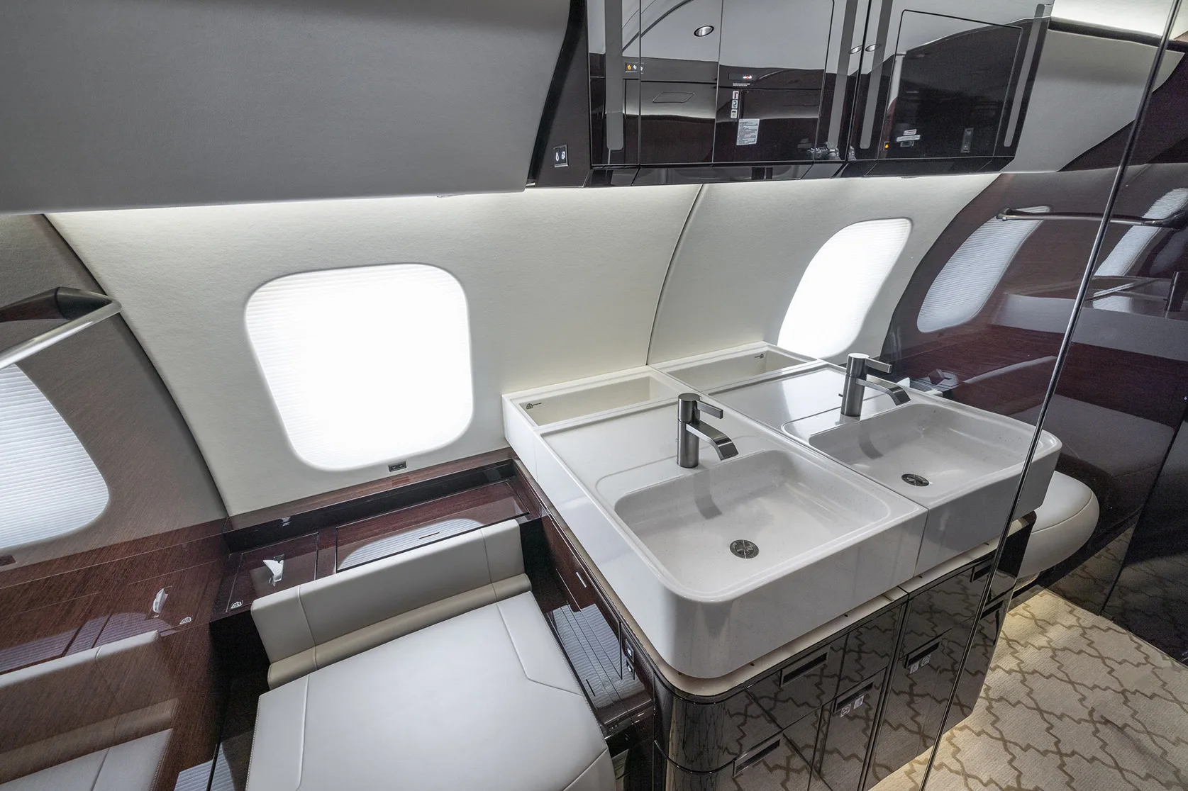 Cabin interior of a 2019 Bombardier global 7500.
