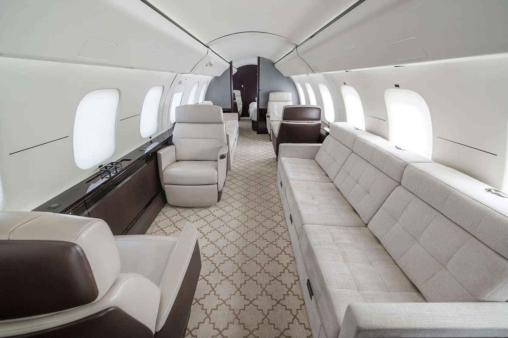 Cabin interior of a 2019 Bombardier global 7500.