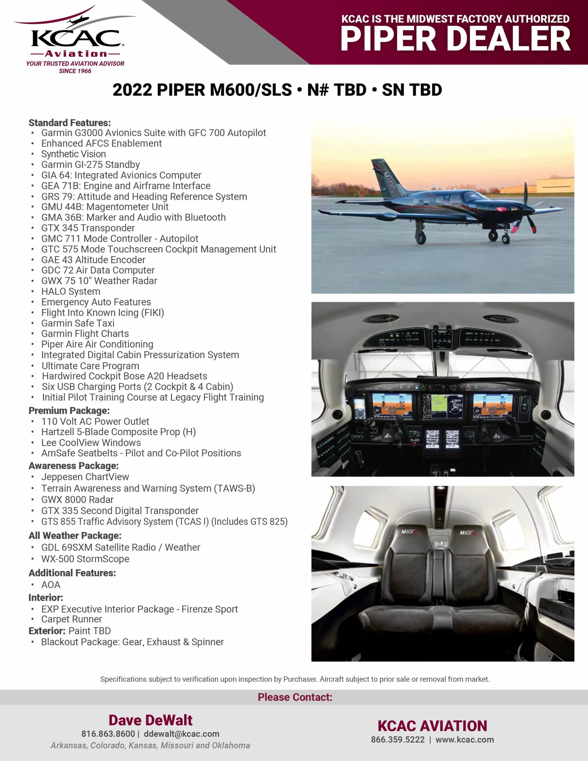 Specification or layout diagram for a 2022 Piper M600/SLS.