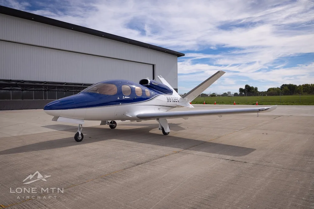 Exterior view of a 2020 Cirrus SF50 G2+ Vision Jet, N612EC.