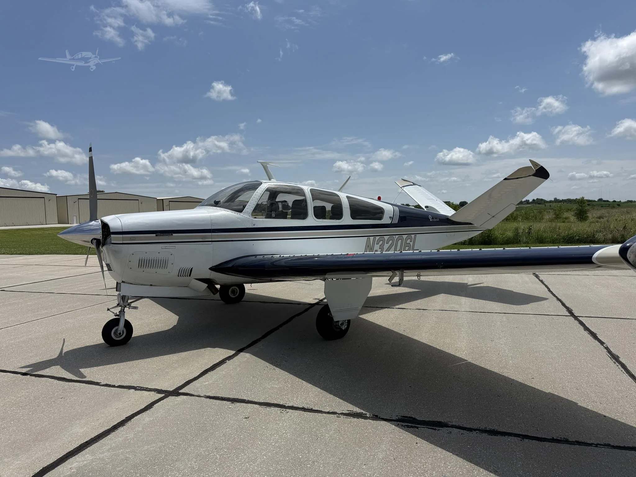 Exterior view of a 1976 BEECHCRAFT V35B BONANZA, N3206L.