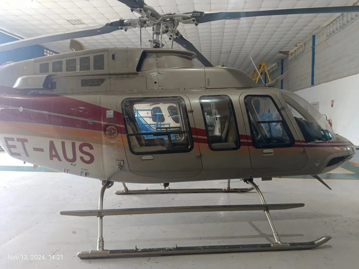 Exterior view of a 2009 Bell 407, ET-AUS.