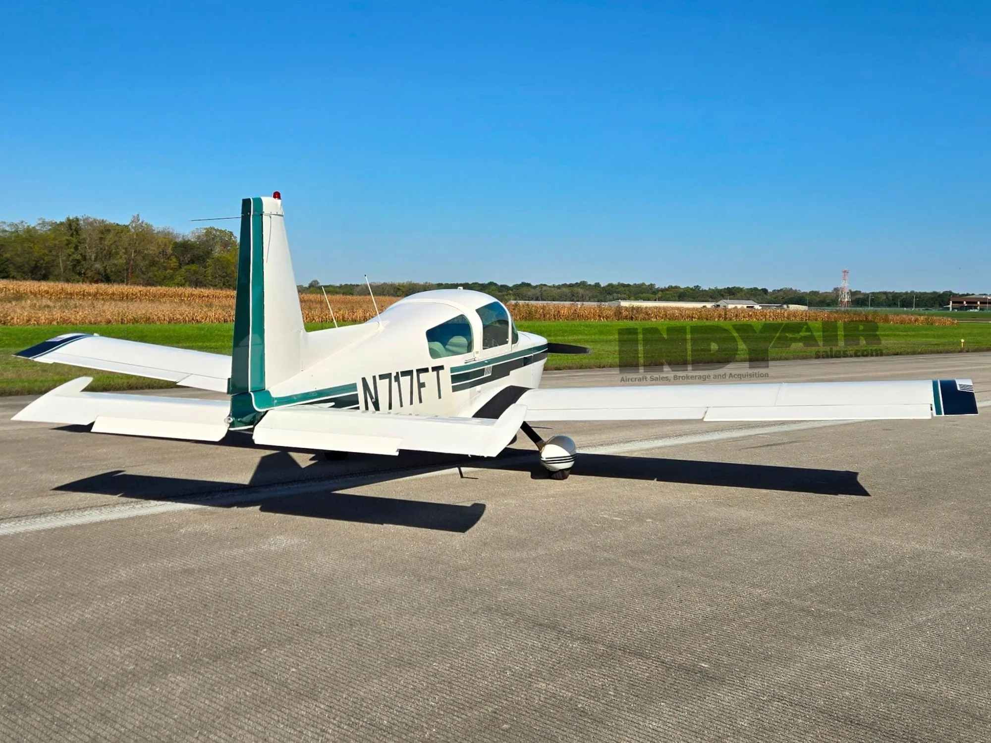 Exterior view of a Grumman AA5A, N717FT.