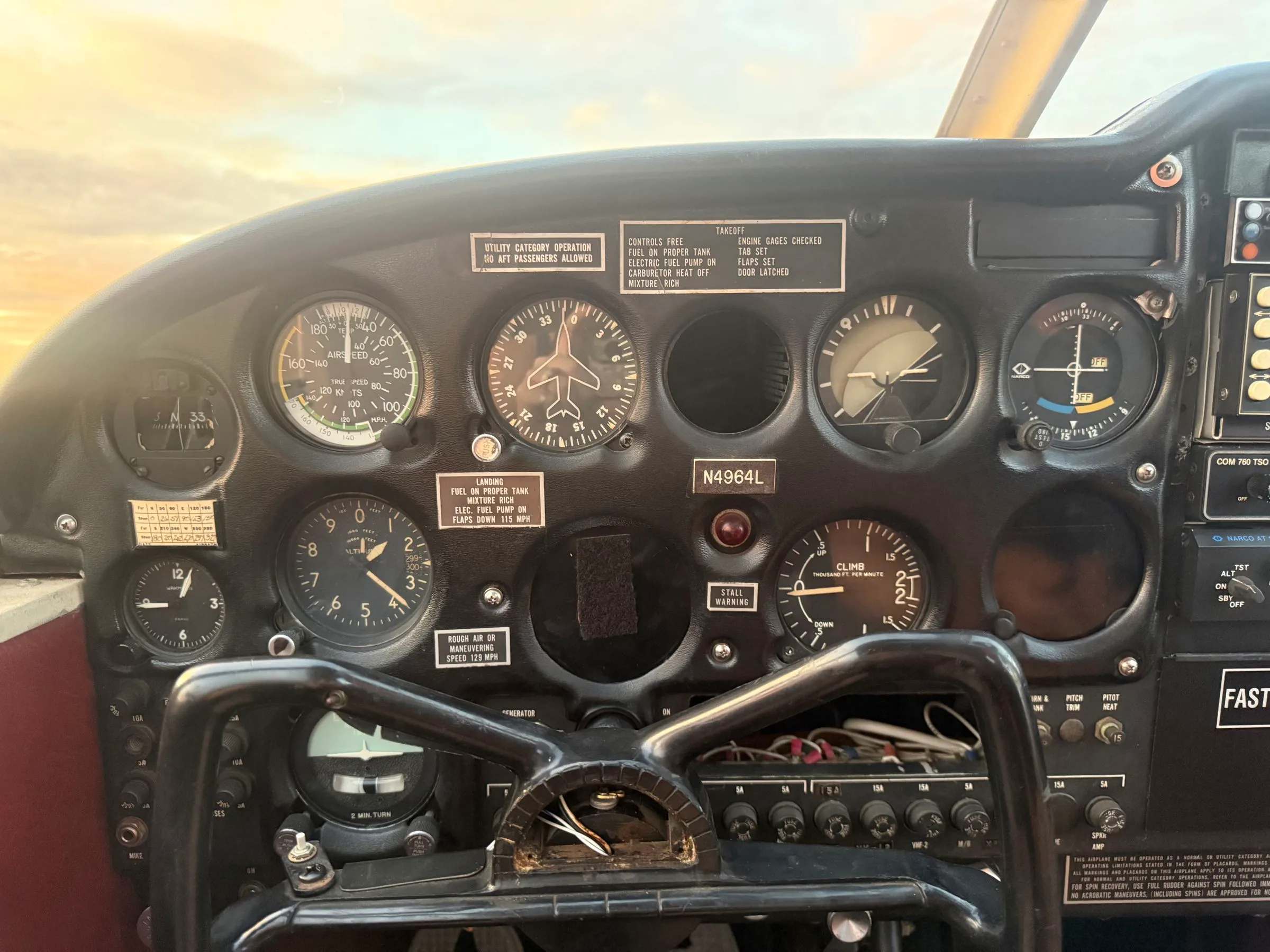 Cockpit and instrument panel of a 1967 Piper PA-28-180 Cherokee.