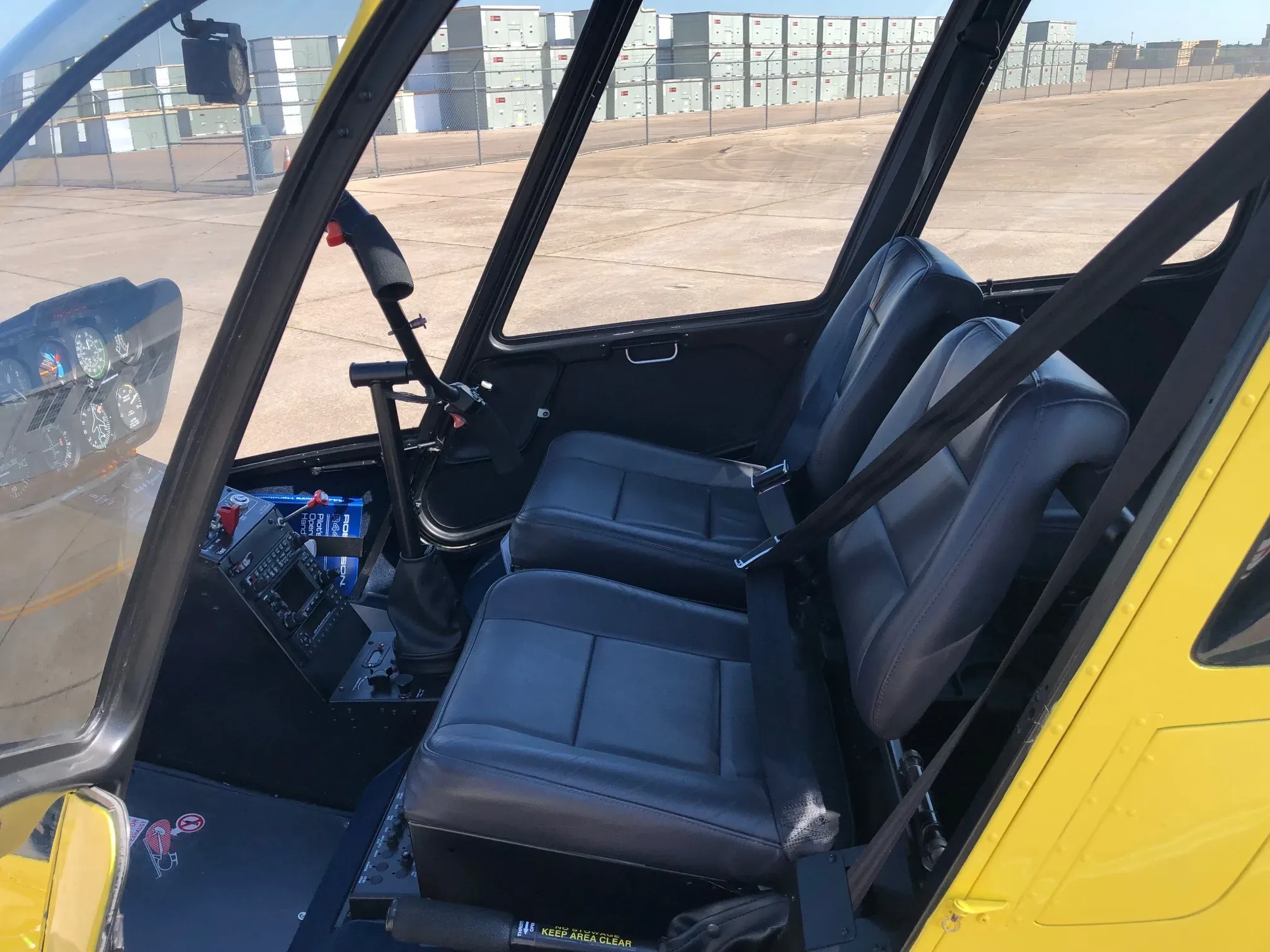 Cockpit and instrument panel of a 2003 Robinson R44 II.